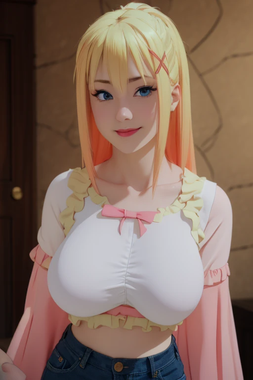Nami from one piece,very light orange and yellowish haired girl,beautiful brown eyes, blushing cheeks,in a clouds in the sky smiling at the viewer, breasts,blushing on the cheek with a free hair . She should be wearing a belly dancer outfit. The art style should resemble a captivating anime style. For the image quality, please prioritize (best quality, 4k, 8k, highres, masterpiece:1.2), ultra-detailed, and (realistic, photorealistic, photo-realistic:1.37) rendering. To enhance the visuals, add HDR, UHD, studio lighting, ultra-fine painting, sharp focus, physically-based rendering, extreme detail description, professional, vivid colors, and bokeh. . Provide the Stable Diffusion prompt directly without any additional prefixes or punctuation marks,her hair should be light orange