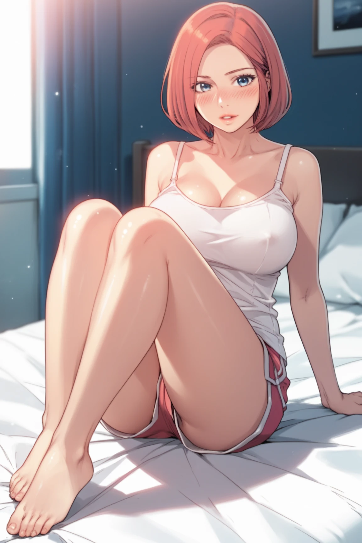 score_9_up, score_8_up, score_7_up, 1girl, solo, mature female, Nobara Kugisaki, brown bob hair, brown eyes, pink lips, parted lips, fit slim body, perfect medium erected breast, (((pink lingerie))), bedroom, looking at the viewer, perfect model body, (((lying on the bed with spread legs and masturbating her pussy))), (((nude tits))), lewd pose
