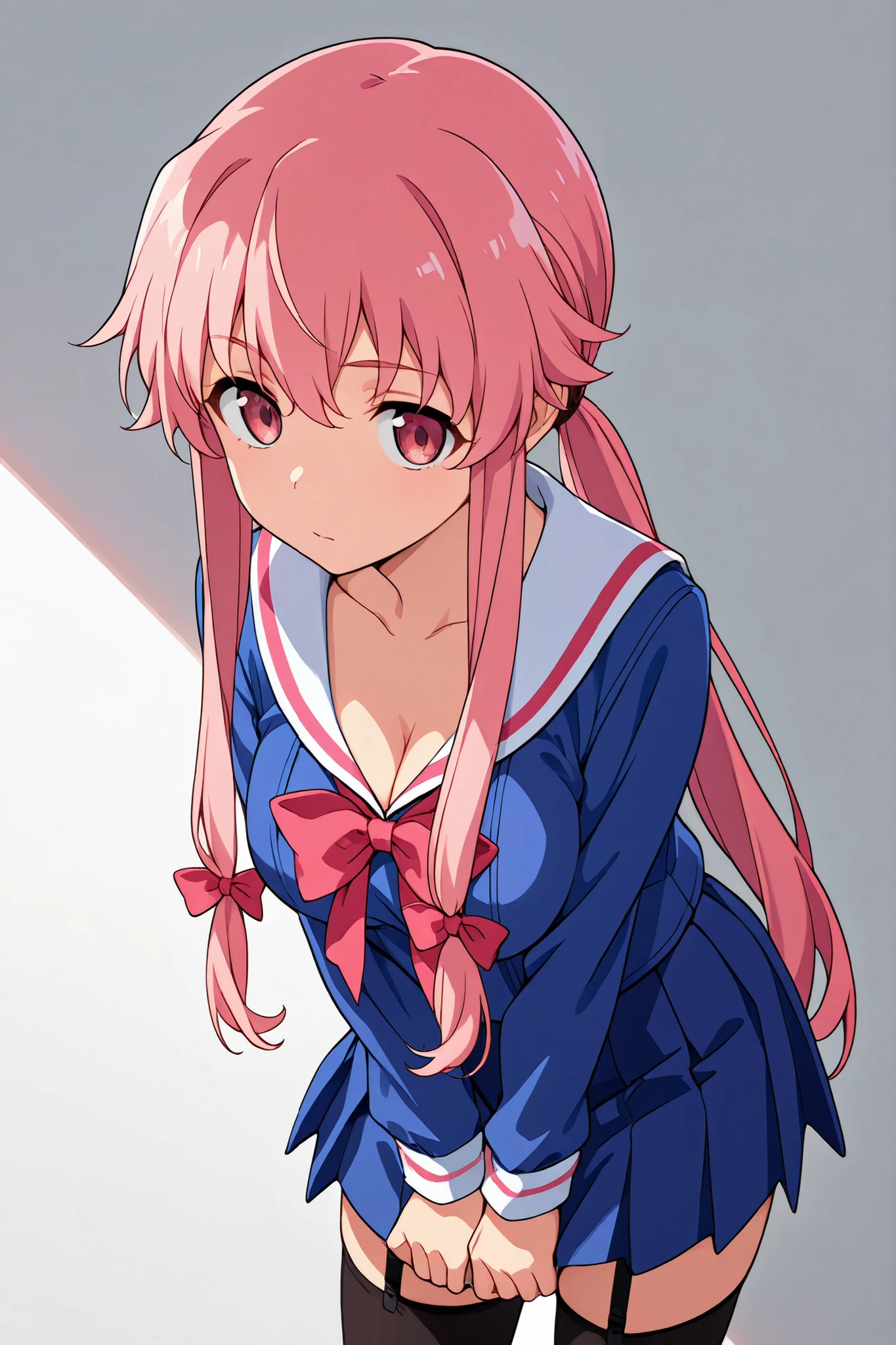 Gasai Yuno, school uniform, long sleeves, blue shirt, blue skirt, pleated skirt, serafuku, cleavage, Standing. Simple background, white background. Black stockings, rhtcontrast, stockings, looking_at_viewer, v_arms, large_breasts