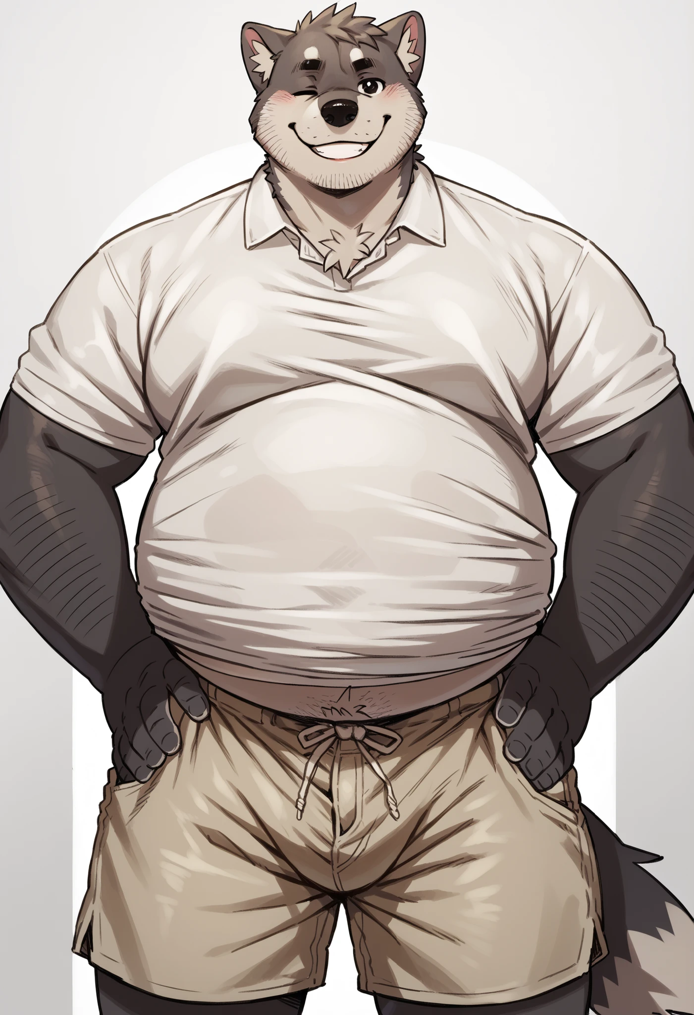 1boy, solo, cartoon, detailed background, anthro male, ((gray body/fur)), two tone body/fur, fat, overweight, big belly, plump, thick arms, broad shoulders, fluffy tail, tail, two tone tail, short ears, round black nose, five fingers, five toes, black eyes, big eyes, thick black eyebrows, Expressiveh, dof, standing, white collared polo shirt, brown shorts, belly, big belly, looking at viewer, one eye closed, hands on waist, smile