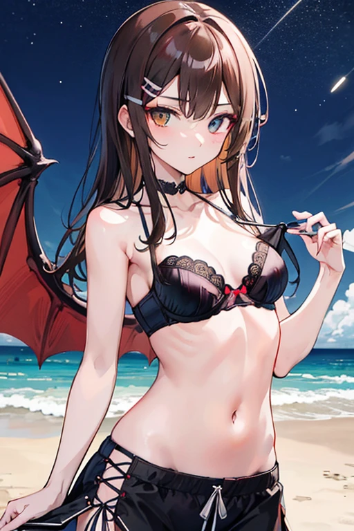28 years old,Succubus,Red Bikini,Tight waist,A beautiful woman,Dark brown hair,Beautiful buttocks,Outdoor,Beach,Rock Shade,Goat horns on the sides of the head,bat wings on the back,,Provocative smile,Show your ass