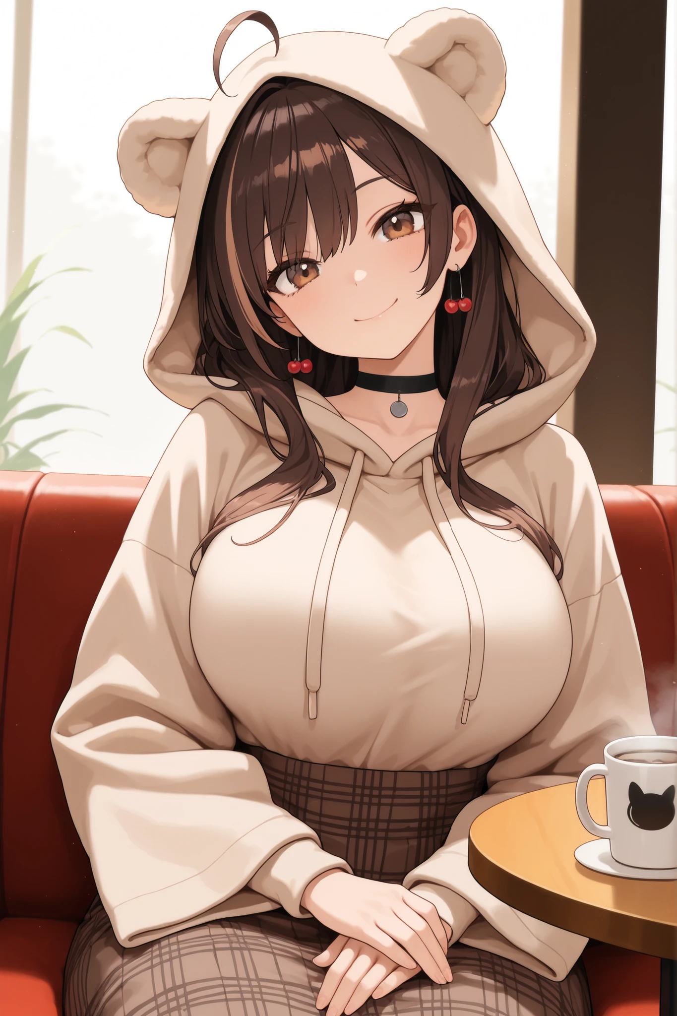 masterpiece, best quality, very aesthetic, absurdres, amazing quality, newest, very awa, highly detailed, fine detail, intricate detail, volumetric lighting, perspective, perfect lighting, 1girl, big breasts solo, brown eyes, brown hair, long hair, streaked sidelocks, ahoge, cherry earrings, black choker, oversized hoodie, beige hoodie, animal hood, wide sleeves, long skirt, high-waist skirt, plaid skirt, brown skirt, indoors, cafe, sitting, table, cup, coffee mug, arm rest, smile, head tilt,