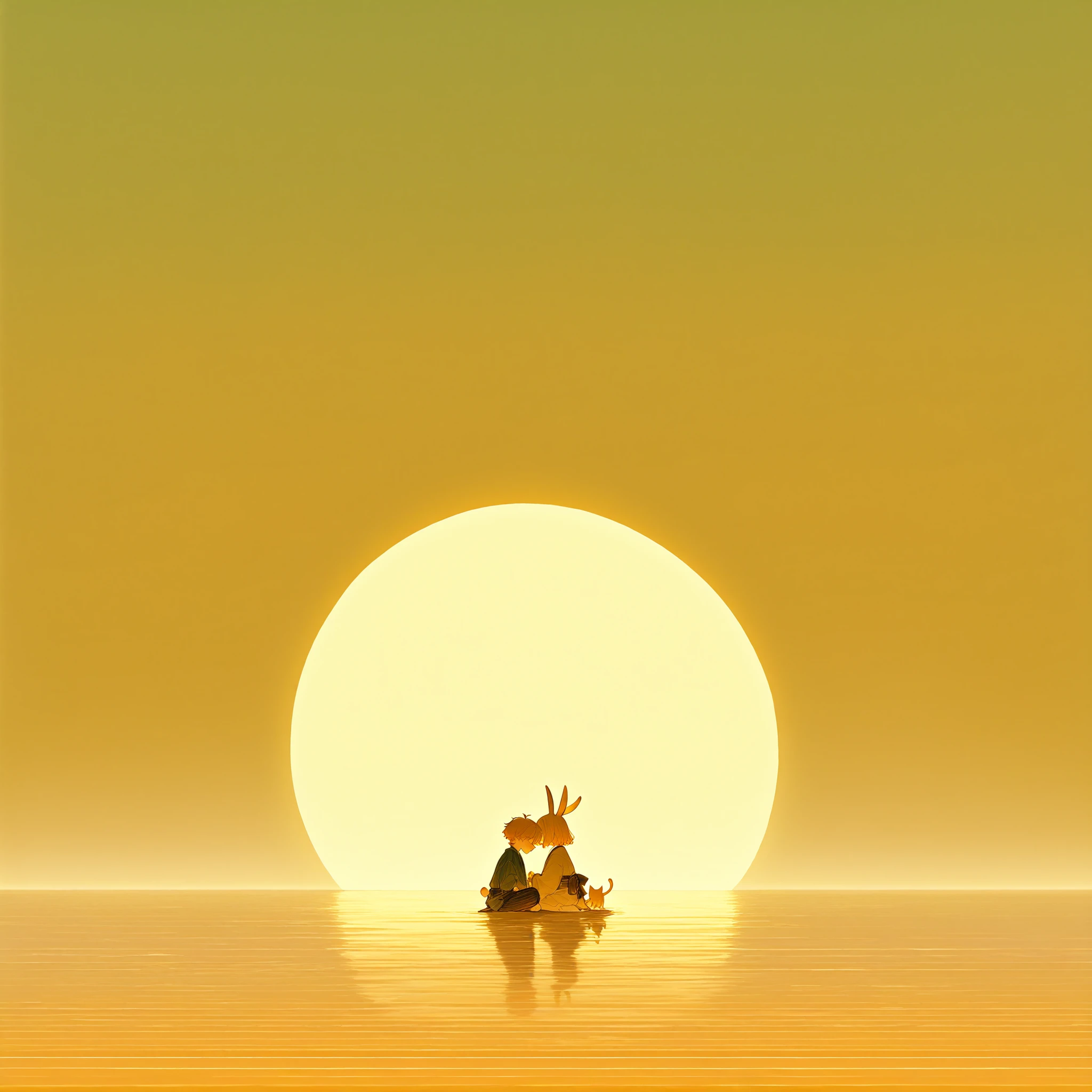 The food is a pair of siblings shaped like rabbit ears. The older brother is an elementary school boy holding a large hammer. The younger sister is about s old, wearing a ribbon and holding a small hammer. The image is high quality and high resolution. The older brother is sitting on top of a giant cat, facing forward. Although his face is not visible, he has a mischievous smile, as if he is planning some kind of prank. The little sister seems to want to ride that cat.