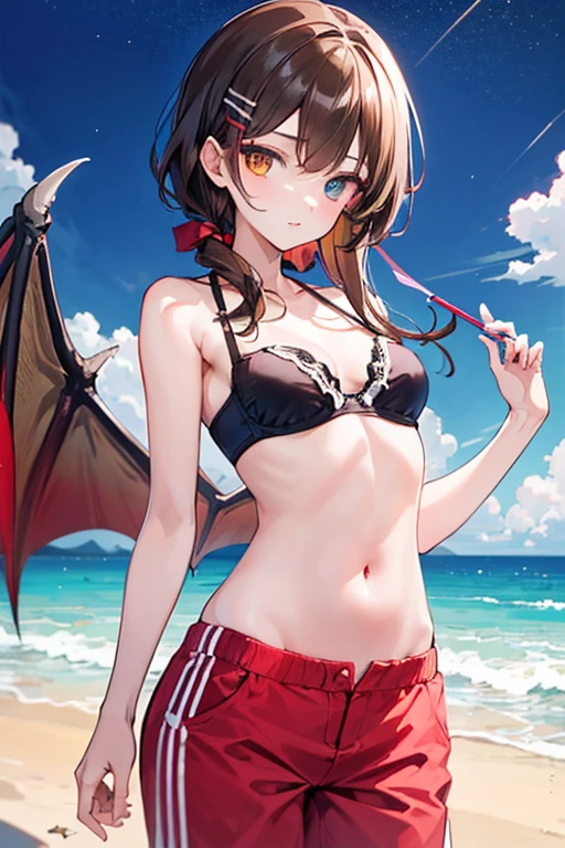 18-year-old,Succubus,Ruffled bikini,Tight waist,A beautiful woman,Beautiful breasts,Outdoor,Beach,Goat horns on the sides of the head,bat wings on the back,,Embarrassed