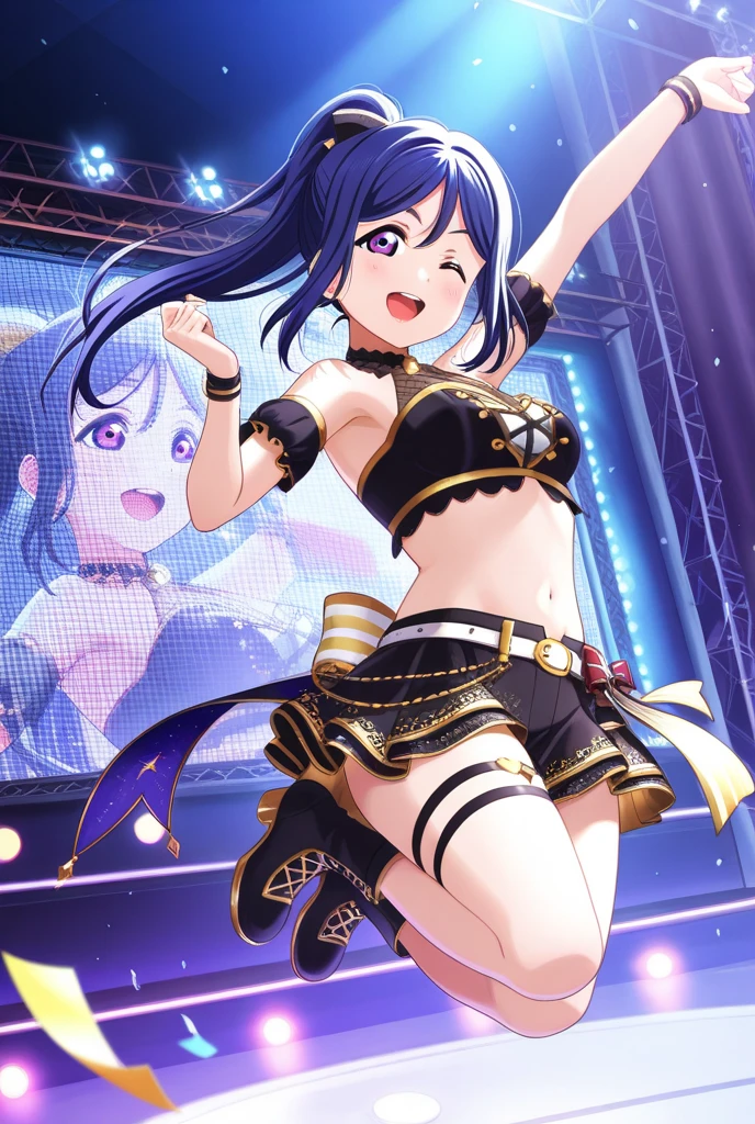 ((highest quality, 8K, Idol Master: 1.3, RAW photo)), sharp focus 1.1),Namco Pro,Hibiki Ganaha.beautiful face, ((fang))highly detailed face, ((turquoise eyes)),black hair ponytail,big ribbon,Large earrings((tanned skin))A big smile (Light blue idol costume 1.5), live concert,Lots of spotlights (show panties:1.1), from the front, idol boots,whole body