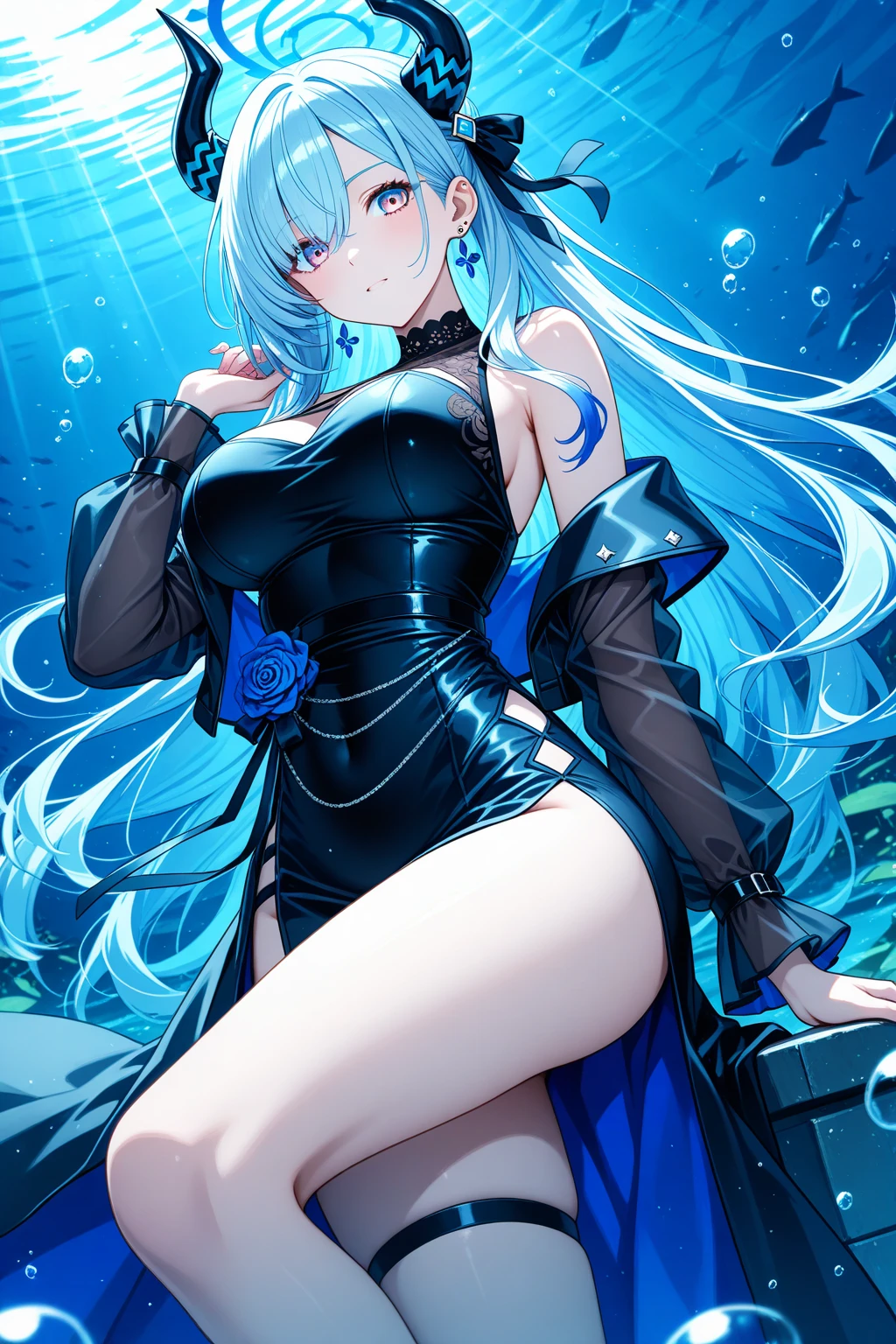 Attention to detail, high quality, high resolution, a lady with white long hair, she is tide by some chain, she is under the sea, there is a few bubble in the see, beautiful clear blue eyes, black dress, she has broken wings at her back, cold and cool atmosphere, calm atmosphere, she is tough, she is not reconciled, she want to escape but she cannot, she is helplessness, beautiful hair, the chain tide her both leg, chain tide her both wrist, chain tide her body, she is at the bottom of the sea, there is light shine above her, no other creatures around her, anime style