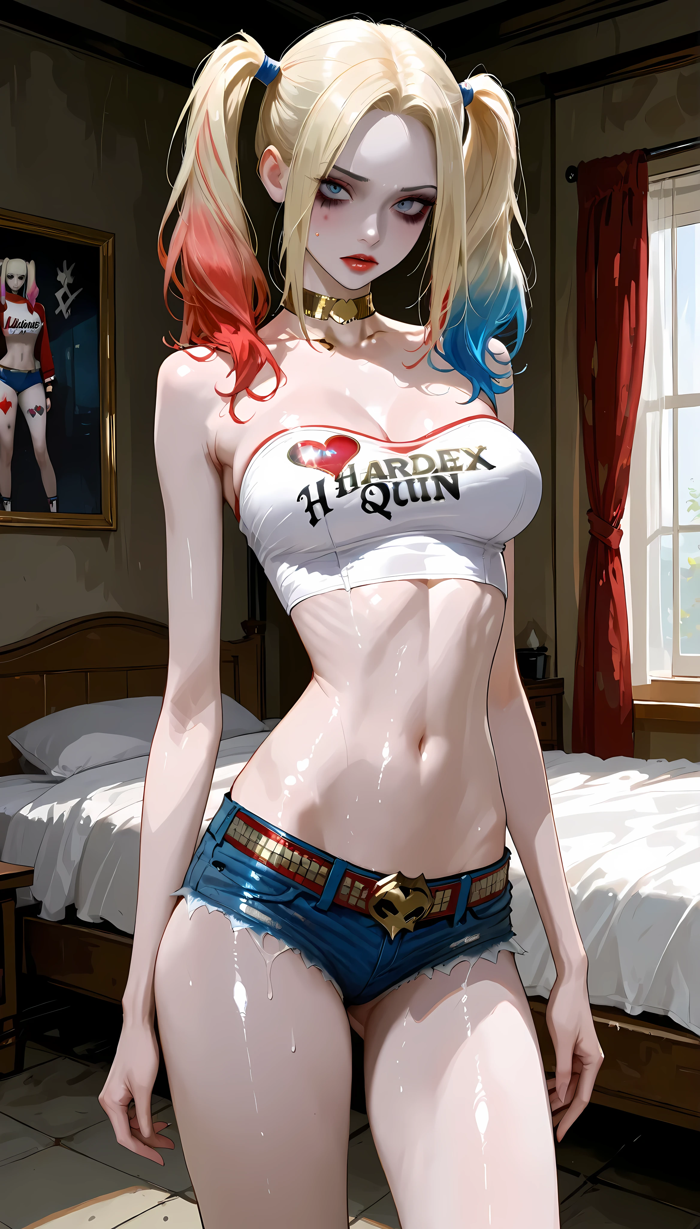 (best quality). (Ultra Detalhado). (1girl), Olhando para o Viewer. (Antecedentes detalhados). belos olhos detalhados. rosto delicado e bonito. (high saturation), seios grandes, droopy breasts, sexy Harley Quinn costume,