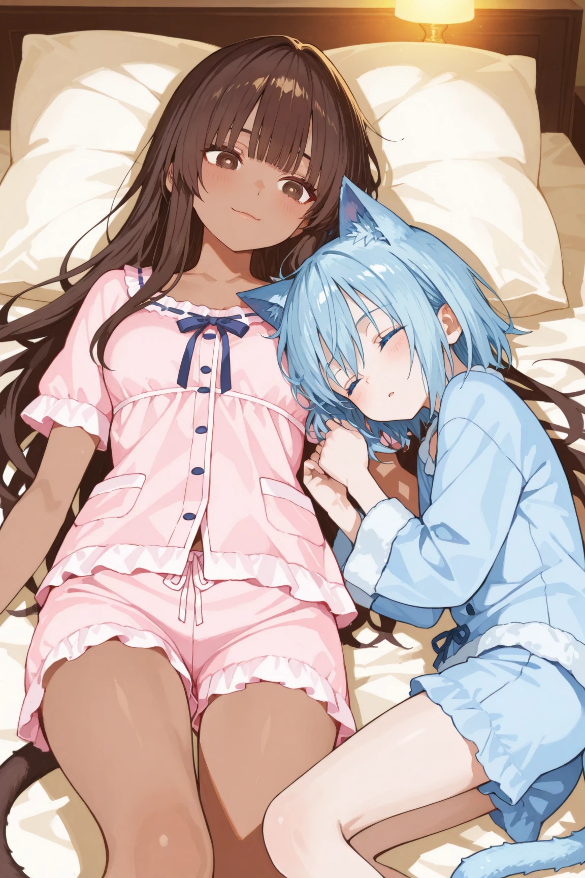 Browsing Caution,Two Girls,Lying down,((Raise both legs)),panties,Have sex,Light blue hair,Light pink hairstyles，Cat ear，Pink Eyes，light blue lolita，White socks，,Pink ribbon,Laughing with your mouth open,Best image quality,Highest quality