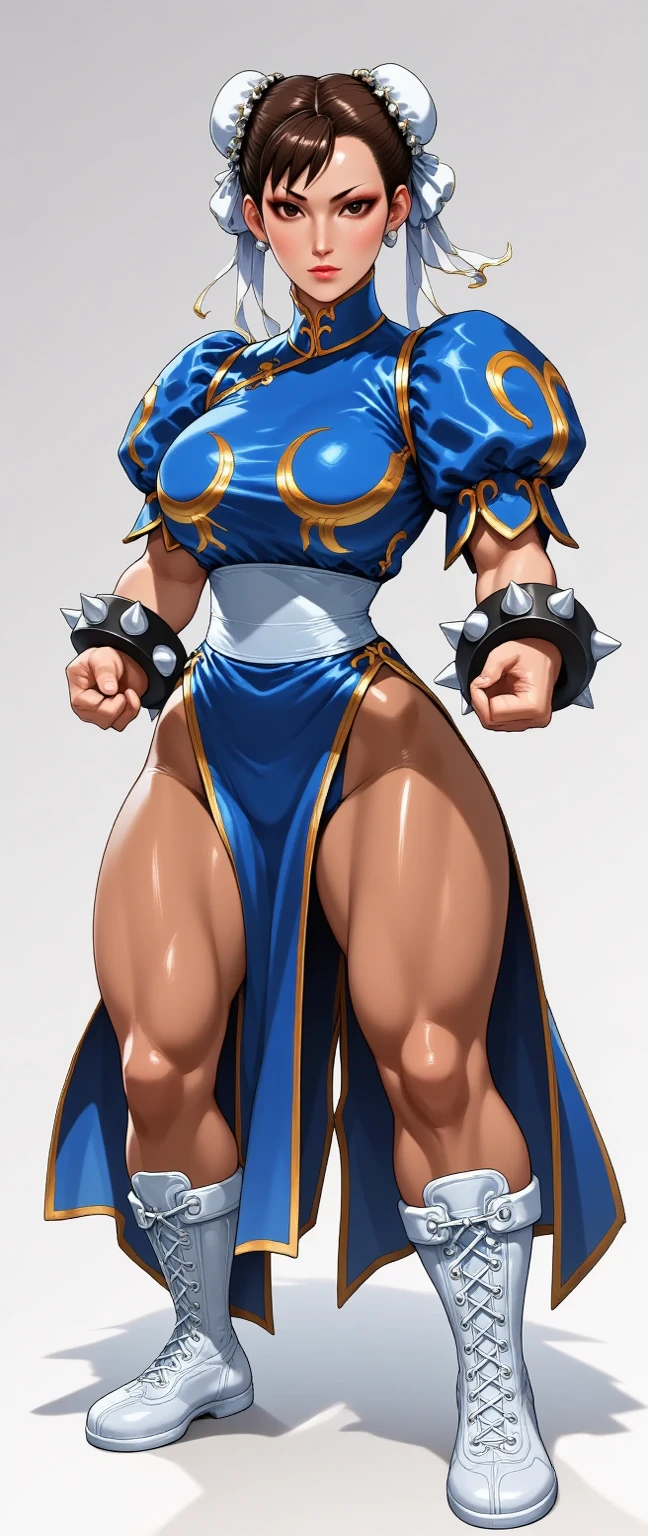 Full body view, Chun-li, from street fighter,(big breast:1.5),dynamic poses, totally wide open her chest,super perfect body curve, hair ribbons, twin hair buns, (gigantic breasts:1.1), S-shaped body,anime waifu (18 years old)-hot daddy-frivolity-body language, fit figure, bad laughing,gorgeous perfect face, realistic style and super detailed renderings, superrealism,kawaii, zbrush, super-realistic oil, contour shadow-process - (Waiting to start)