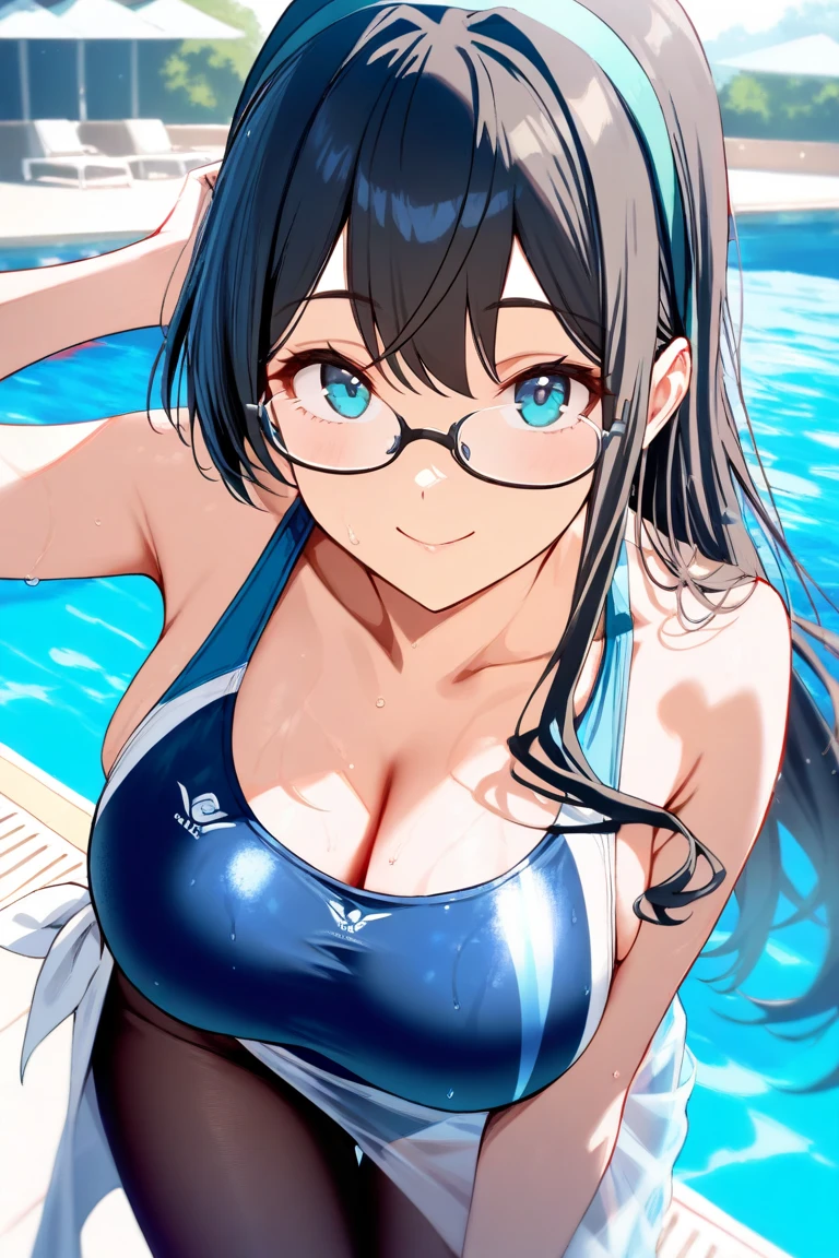 Blue bikini wearing glasses red straw hat swimmer touching breast