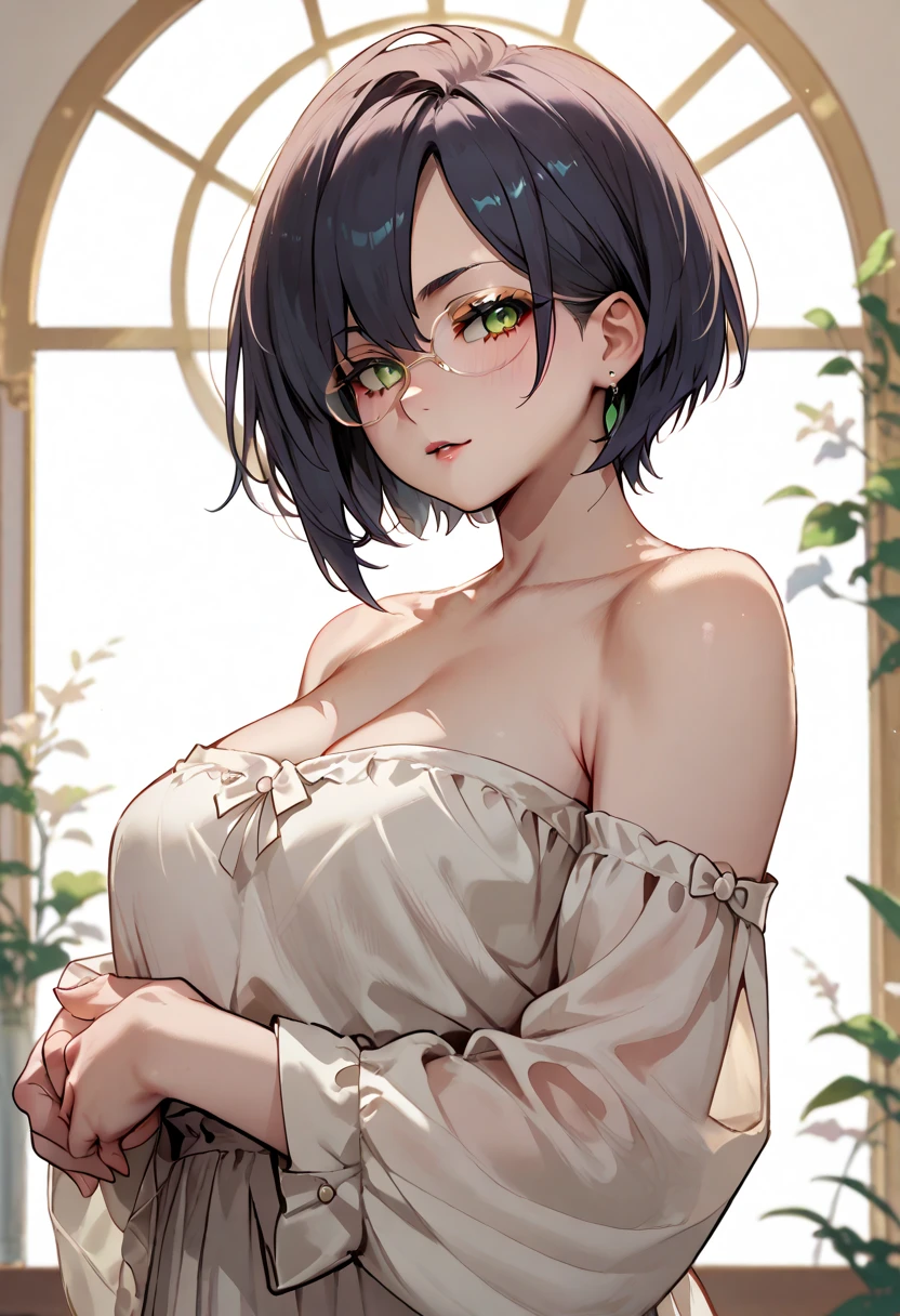 masterpiece, Score_9, Score_8_up, Score_7_up, rear view, 1 woman, alone, dark black hair, very short hair, long parted bangs, gold and orange eyes, half-closed eyes, parted lips, expressionless, pale skin, large breasts, top body, black Nightgown with transparent V-neck, long open bangs, with a mole under the mouth, cut style (boy), No bangs, Boku no Hero academia