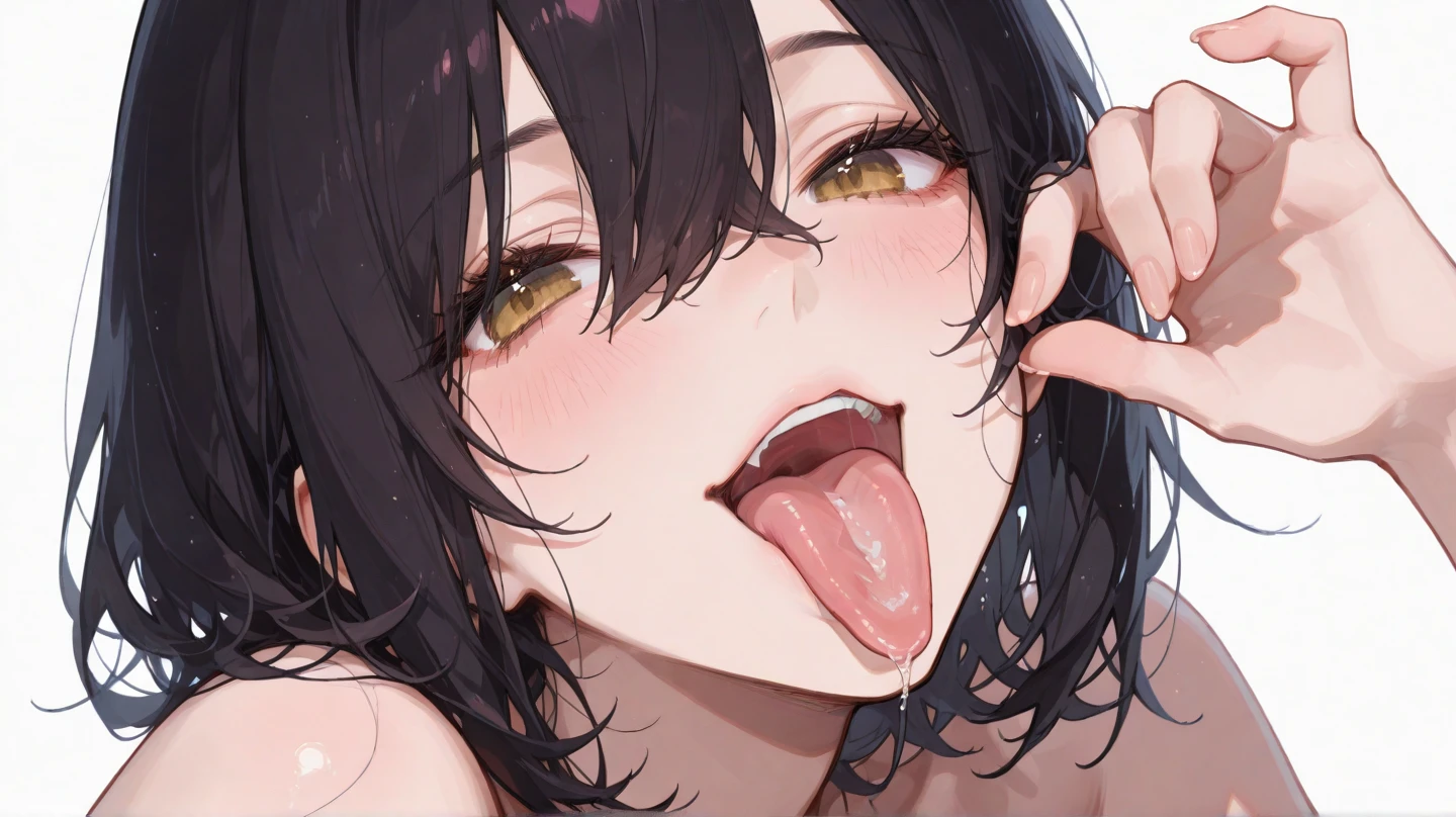 sauce_anime,Mature Woman, score_7_superior, , masterpiece, One girl, , Black Hair, Brown eyes , Medium Hair, Focus on the face, Ohogao, Watery eye, Drooling, Half-closed eyes, trembling, Roll your eyes, Open your mouth, Sticking out tongue, From an angle