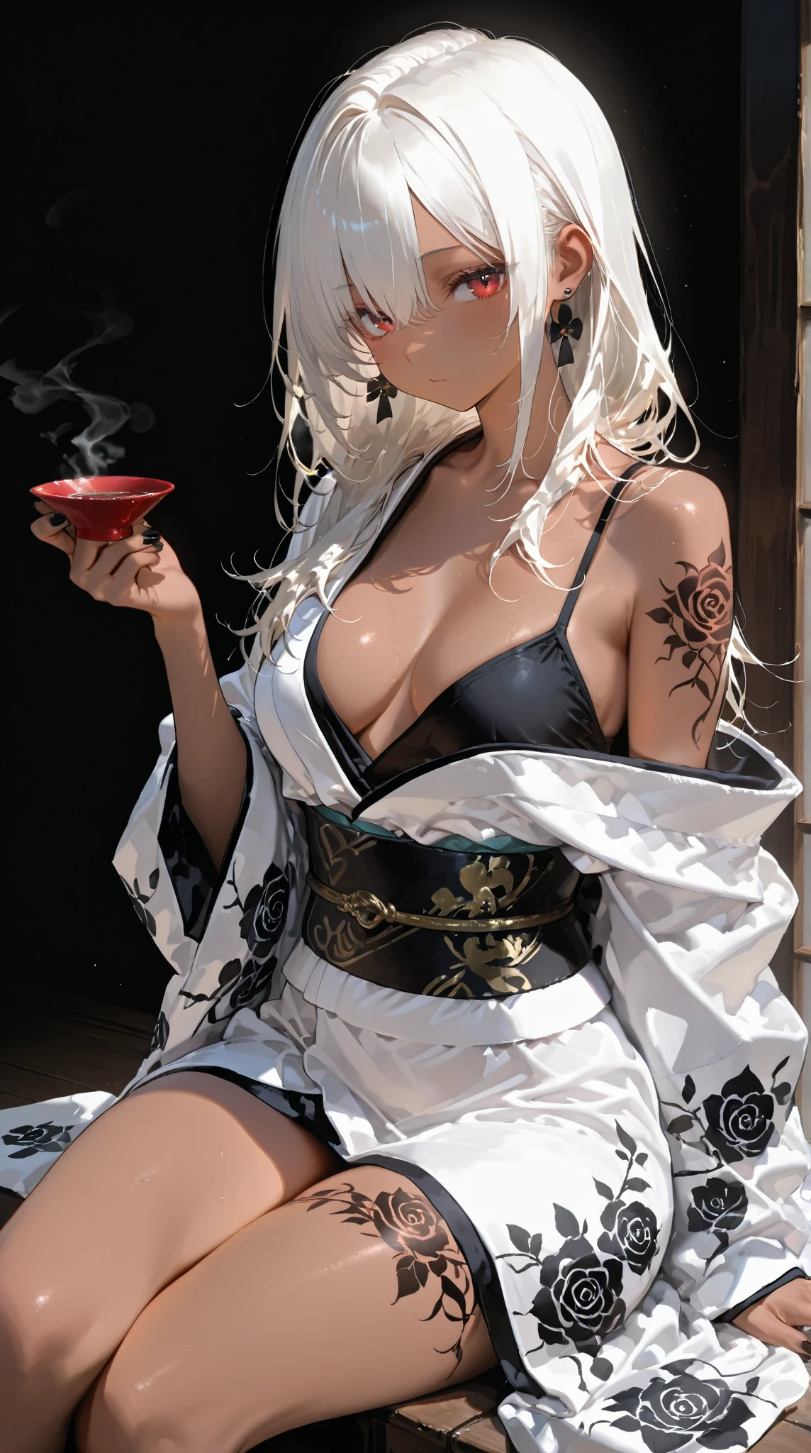 Masterpiece, highlydetailed, Hyperrealistic, HD, (fullbodyshot)of a beautiful red oni woman (squatting down), (muscular curvy and thick:1.3) (female warrior body) with (red skin:1.4), (long messy white hair:1.2), (oni horns),
(wearing offshoulders kimono:1.1) with (black AND orange tiger skin pattern kimono:1.5) and (Japanese hightheels)
Holding over her shoulder a (massive iron spiked rod), and smoking a longue and thin smoking pipe in her lips releasing thick smoke,
perfect face features with seductive look, perfect body shape with body tattoo, expressive glowing eyes.