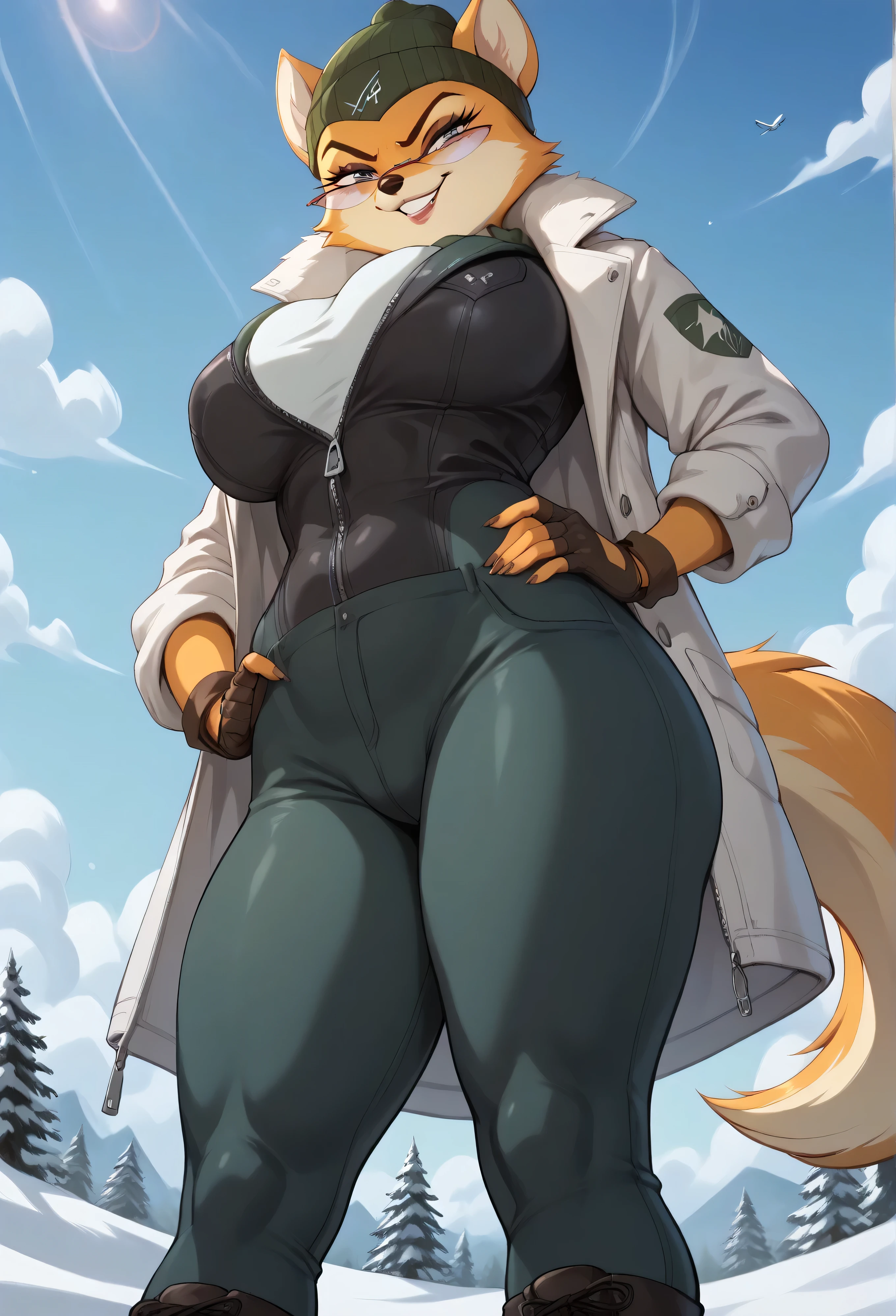 by sligarthetiger, (large breasts), (wide hips), (thick thighs), (big butt), furry, anthro, raccoon, white high heels, best quality, illustration, tail, tuner car, car meet, tattoos, white inner ear, white thigh high heels, slingshot bikini, grin, choker, parking lot, parking garage, platform heels, wink, grey body, piercings, belly piercing, jacket, long hair, cap, Thigh high, line socks, hair on sides, underground, dark atmosphere,