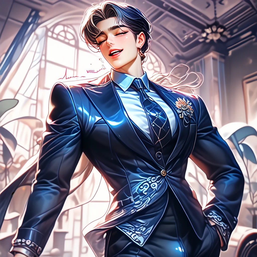 (best quality, masterpiece, 8K, photorealistic, cinematic lighting, 1:4 hdr image, ultra detailed, beautiful image), a mature man, 35 years very handsome, ((cold expression smile in love)), short purple hair, blue eyes, face perfect without mistakes, ((buttoning his jacket, CEO)), smile.