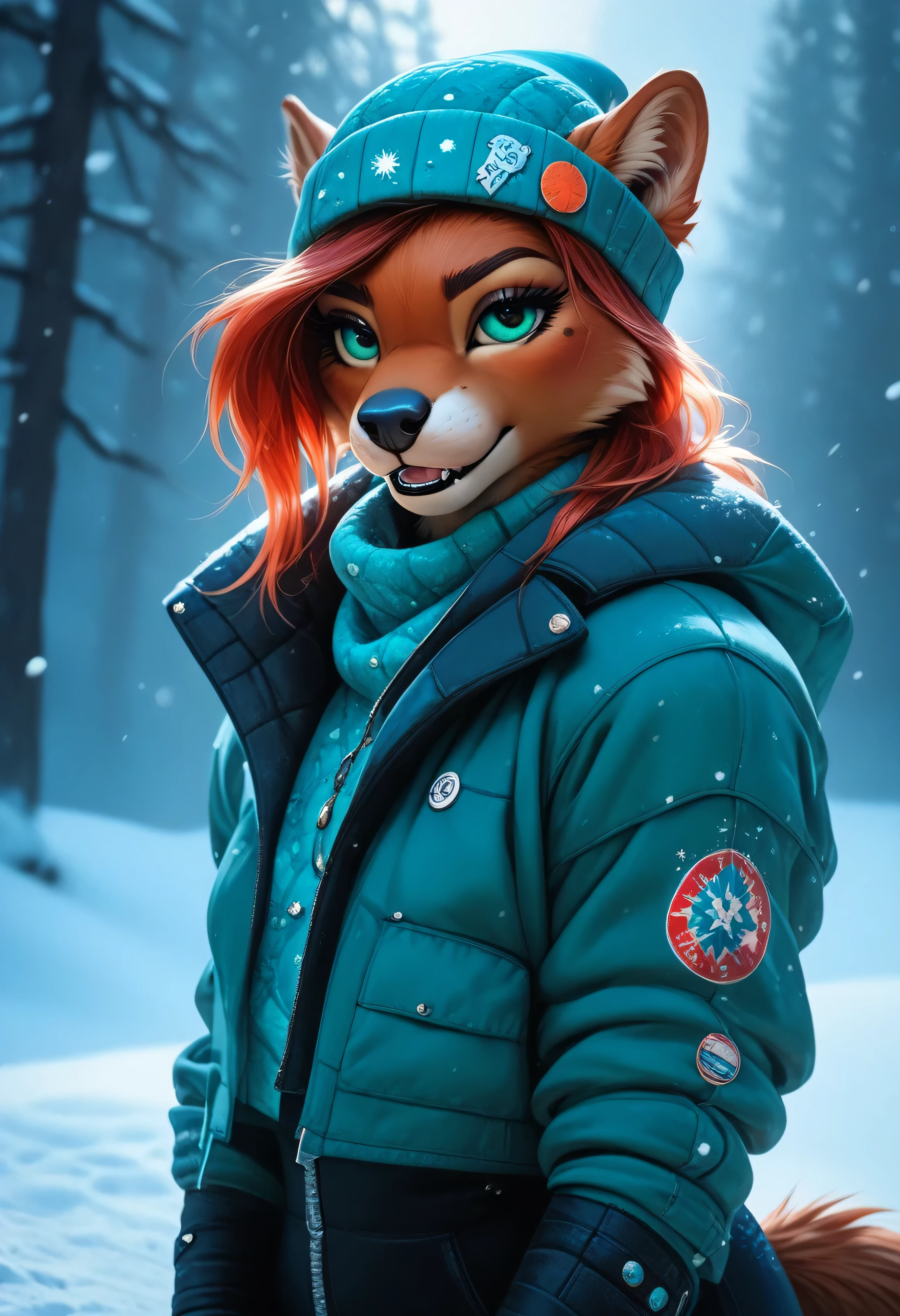 cheerful_excited_pose,
(blizzard:1.2), sleet, hail,
1girl, red_fox_girl, <lora:anna:0.7> anna, blue eyes, freckles, twin braids, orange hair, dressed in winter_tactical_gear,