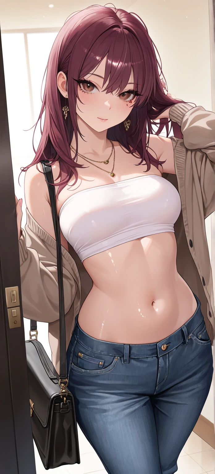 An anime girl with red hair and blue eyes wearing a skirt and an open shirt revealing a black and red bra