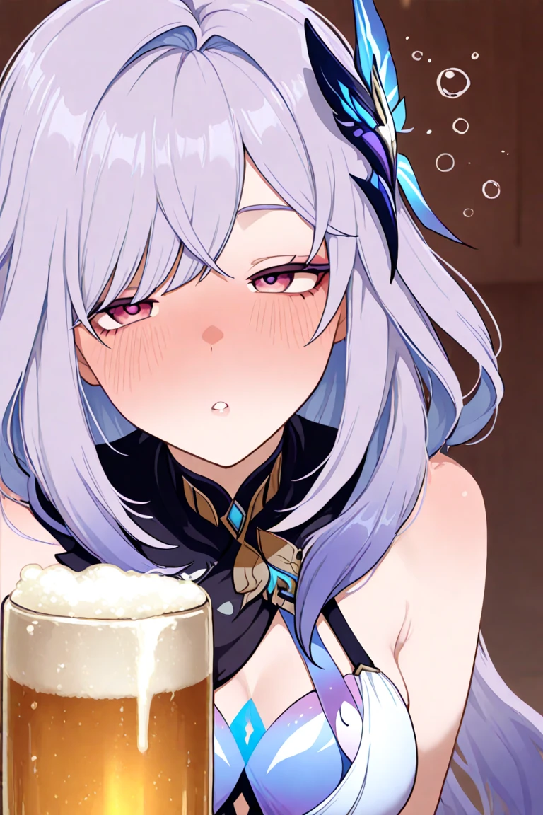 leaning forward, shoot from front,face closed up, fellatio, cum,cum in facial,cum in breast,cum on tongue,cum in hair,white hair,with heart -shaped pupils