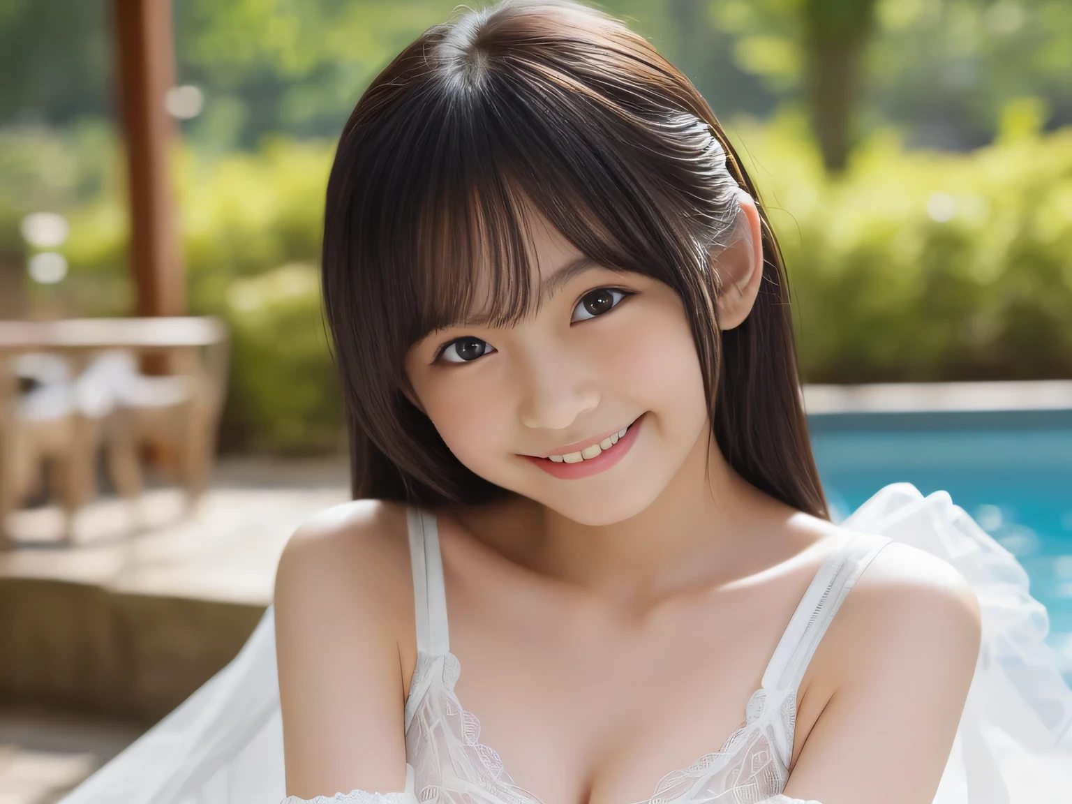 elementary student、sisterhood、the chest is shabby、slender、Invincible smile、bionde、swim wears、kitchin、embarrassed from、Cleavage emphasis、A sexy