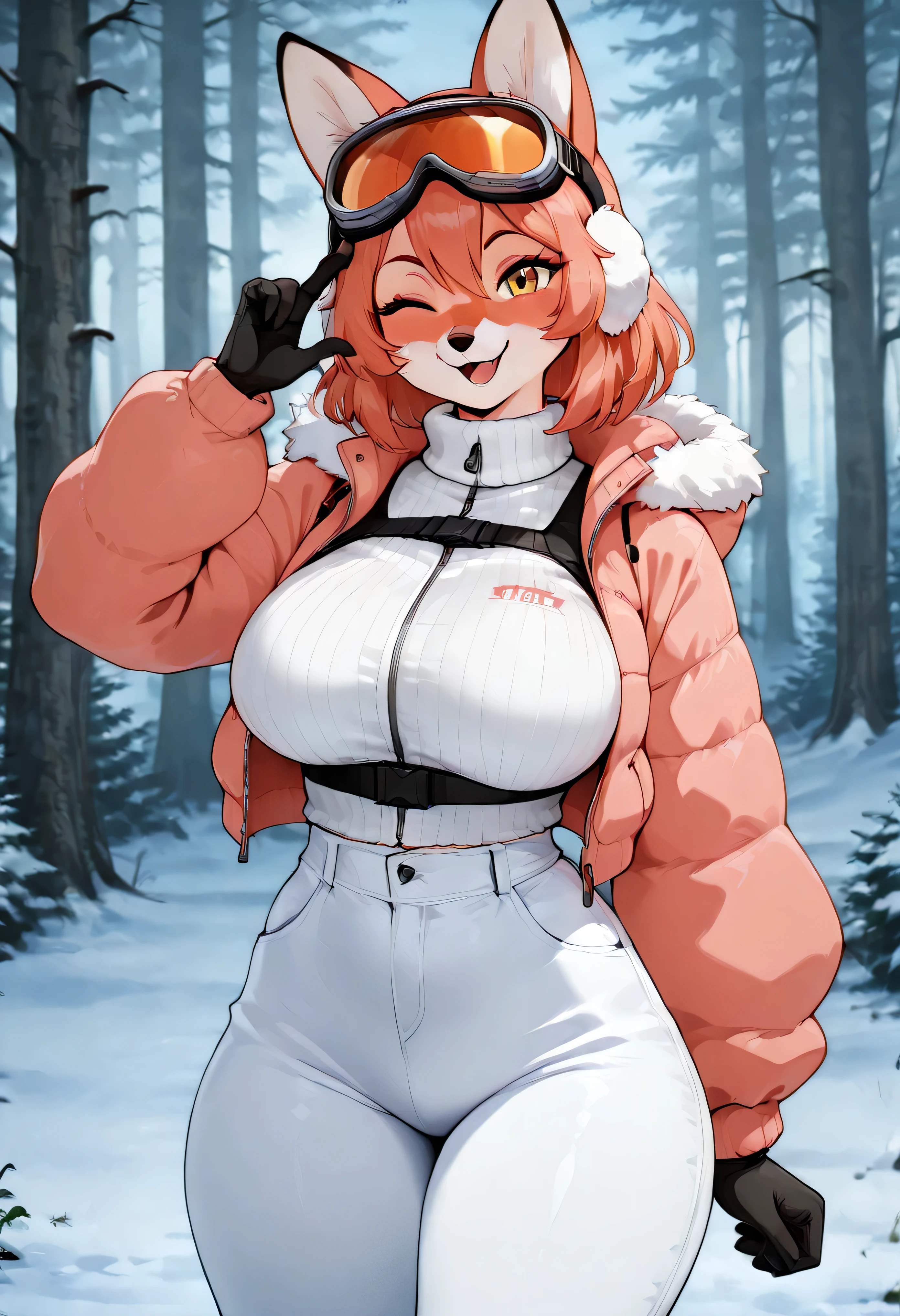 Wearing a pastel pink cropped winter jacket with a fluffy white collar, this busty anthro vixen rides through a snowy forest trail. Her snug white snow pants and fluffy earmuffs give her a cutesy look, but her expression is flirty and bold. One gloved hand rests under her bust as she lifts her goggles to wink at the viewer, surrounded by frosted pine trees and sparkling snowdrifts.