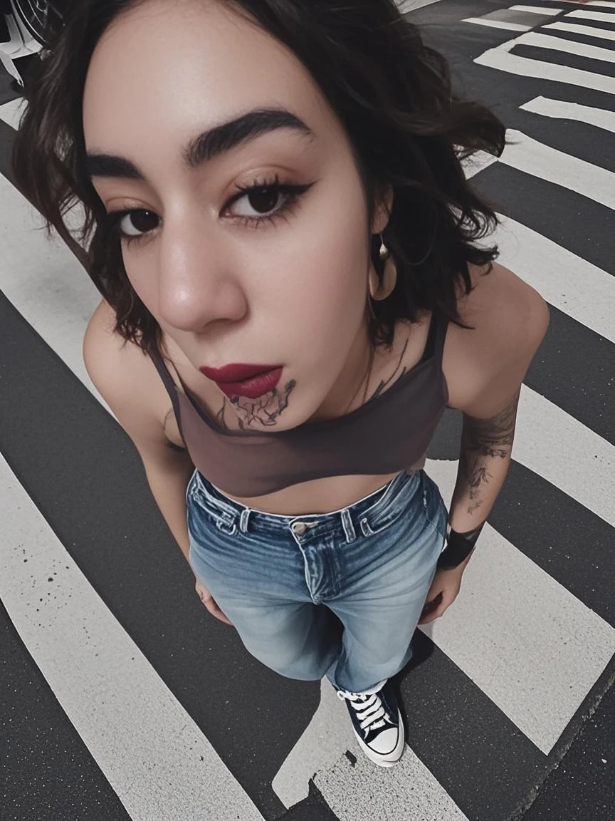 punk rock girl bending forward towards the camera