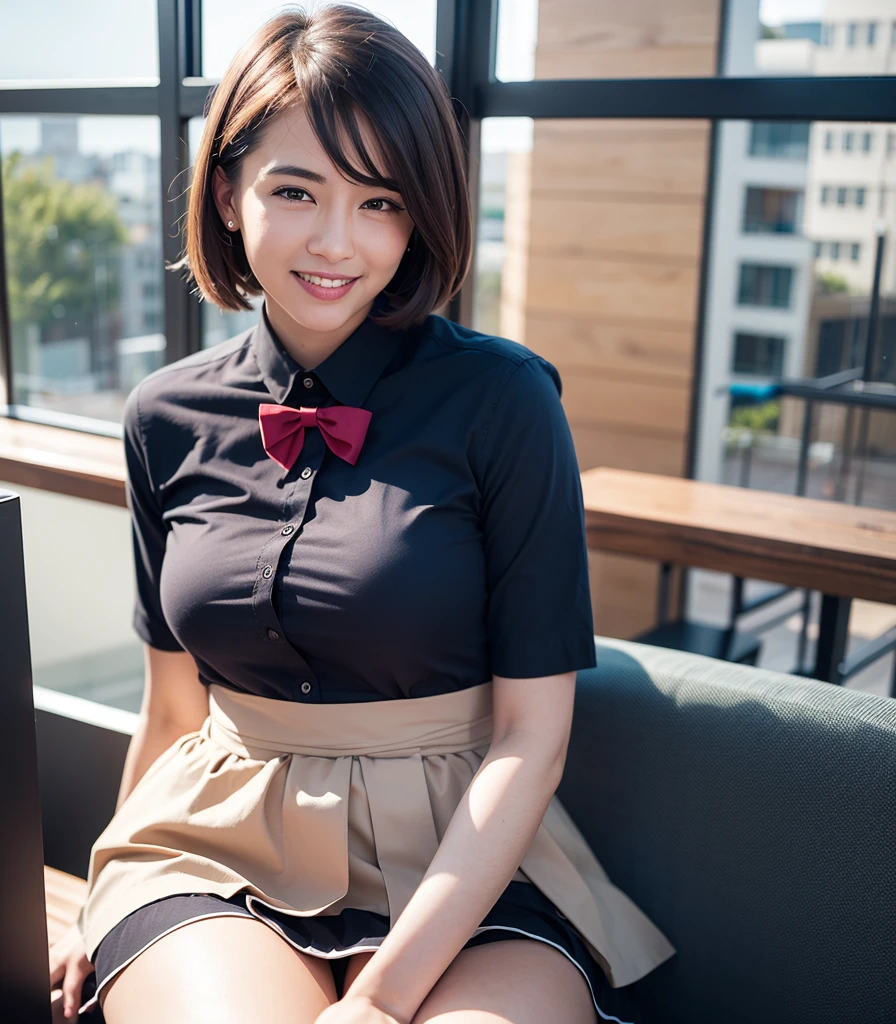(8K, RAW photo, Best Quality, Masterpiece: 1.2), (Realistic, Photorealistic: 1.37), Ultra HD, 1 girl, Cute, Solo, Beautiful sky, Detailed cafe, Night, Sitting, date, (nose lip), (smile: 1.1), (closed), medium breasts, beautiful eyes, (collared shirt: 1.1), bow tie, pleated skirt, (short hair: 1.2), floating hair