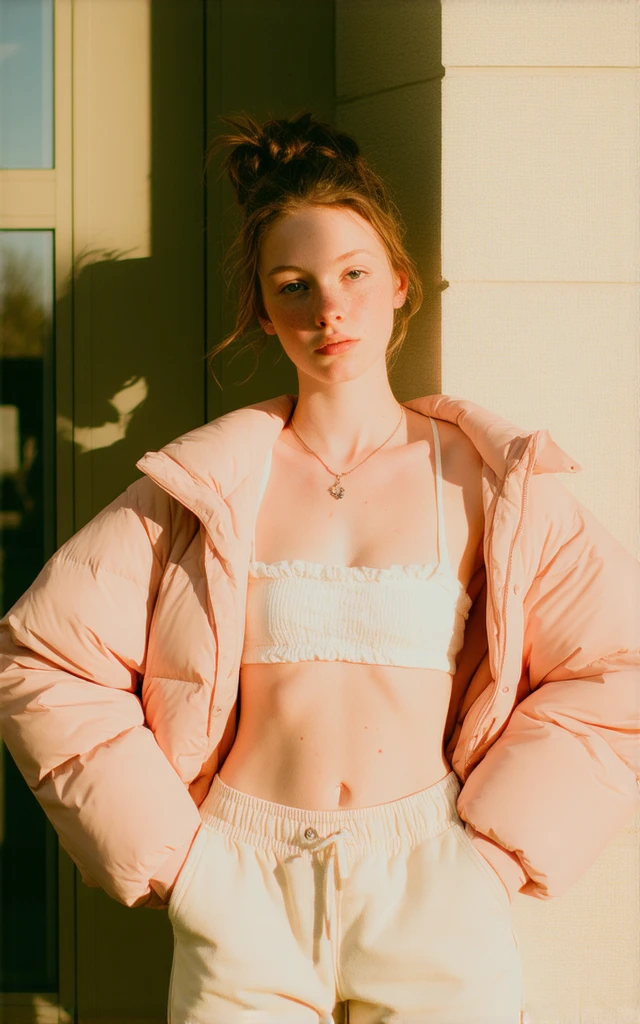 a 16 y.o. ginger girl very pale skin full of freckles, pink top and miniskirt,very thin, very very large puffy ears, big long nose,flat stomach, recording a in an abandoned airport full of abandoned airplanes,