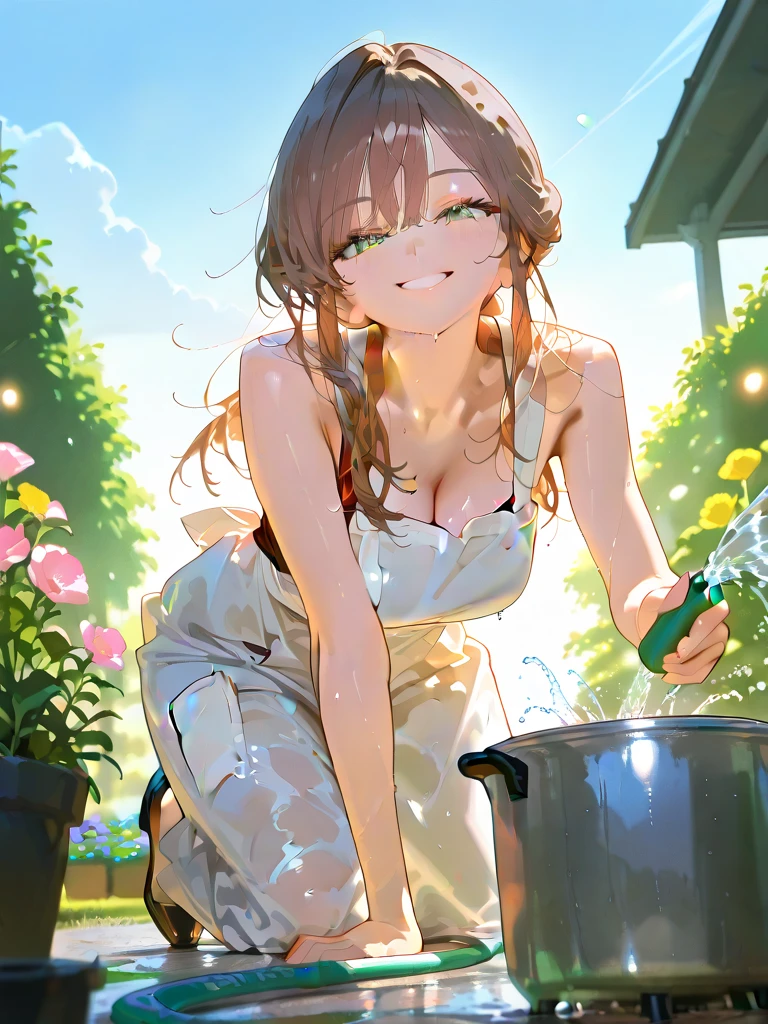 beautiful girl、16 years old、Off the shoulder、White T-shirt、Wet、See-through、slouch、Chest、Flat Chest、garden、smile、Spraying water with a hose