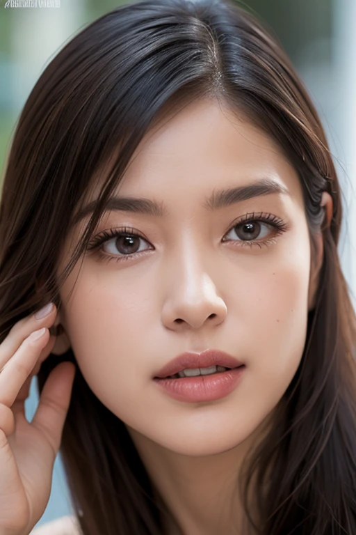 (((Ultra-high resolution、Close-up、Cute Japanese Woman)))、Long, straight black hair frames her face、So that every single hair is clearly visible、Depicts subtle color changes depending on the amount of light hitting the subject、The skin is white and smooth、Has a natural glow、Fine skin texture、Representing the fine details of pores、amountや頬に薄い赤みがある部分を詳細に、The eyes are almond-shaped and dark brown.、Fine details of the iris、Depicts color gradations and patterns、Long, natural-looking eyelashes, each and every one visible、Well-groomed eyebrows、indivual々The hair is clearly visible、Light reflects off into the eyes、Create small highlights、noseは繊細で、nose孔の細かいディテールがある、Lips are plump and naturally pink、Depicts the fine lines and soft curves of the lips、Shiny、Accentuate the shape、Detailed depiction of lip texture、Particular attention to the depiction of light and shadow、Soft natural light gently illuminates the face from the front、amount、nose、Creates a subtle glow on the cheeks、Shadows are cast softly along the contours of the face、cheekbone、Jaw Curve、noseの側面を強調、The gloss of her lips reflects the light faintly.、Emphasizes plump texture、The shadow of the hair adds depth and dimension.、indivual々The hair shines in the light、The background is simple and blurred.、Focus on the face、In the highest quality、Representing the utmost detail
