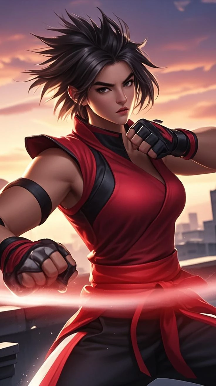 short ponytail hair, hairband, small breasts, fit toned body, gym uniform, red sports bra, red bloomers, gloves, black belt, wide curvy hips, big ass, detailed face, fighting stance, standing pose, front shot, 1girl, solo, perfect face, slim jawline, full body shot, otherwordly hero, isekai, fantasy creature, mythic race,
