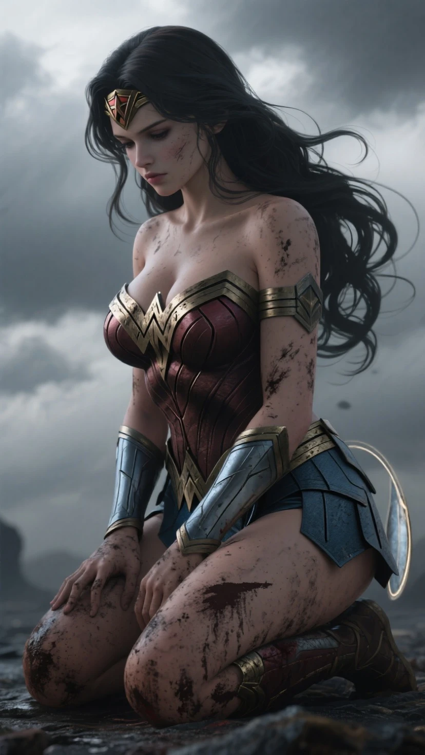 (best quality), (masterpiece), wonder woman(perfect face), defeated, (perfect body), (tears, blood, severe bruises and injuries on body, heavy wounds and cuts, severe bleeding from nose, mouth and injuries, damaged), (wonder woman suit, damaged, ripped and torn suit), (injured and surrender kneeling weekly), perfect body, dark lighting, dim light, foggy and smoky, cowboy shot, 8k resolution, high saturation, damaged and ruined surrounding