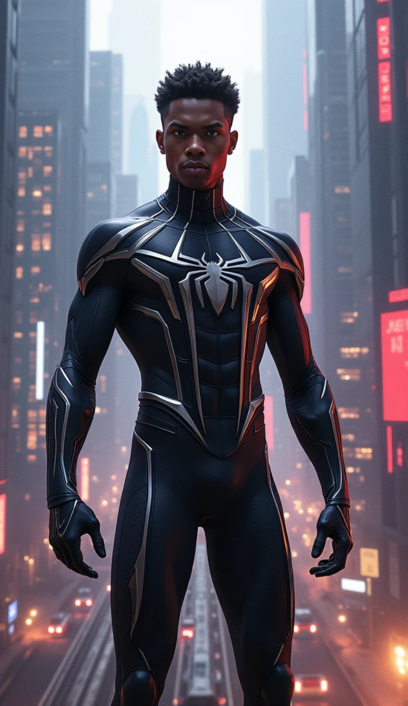 Spiderman Three point hero iconic attack pose in black and white Spiderman suit, Afro-Portuguese descent man, short afro hair, in soccer stadium, dark green field grass, dim light, (realistic, photo-realistic:1.37), (natural skin texture, hyperrealism, soft light, sharp:1.2), foggy, looking to camera,