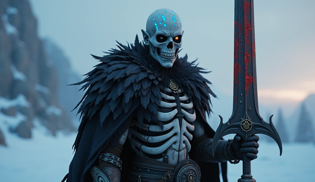 _modelshoot style, (extremely detailed CG unity 8k wallpaper)masterpiece, best quality, intricate detail, absurdres, a skeletonized man like dota 2 hero with bits of flesh hanging off his bones, his skull is covered in icicles and frost, intricate carving, wearing a face mask, glowing eye sockets, wearing a frozen blue crown, chromatic aberration, depth of field, professional photography, soft lighting, tone mapped, highly detailed, sharp focus, dramatic lighting, intricate details, cinematic, 8K, incredible shadows, realistic, (highly detailed background:1.0)