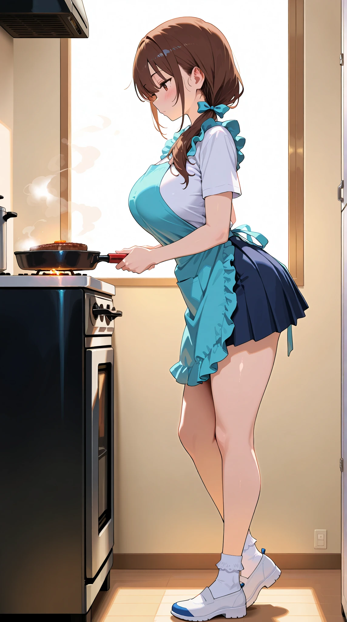 (Masterpiece、Highest quality、Very detailed、4K)、One Woman、17 years old、Sideboob、Cleavage、arm、shoulder、Big Breasts、Thighs、Butt、Apron only、stand