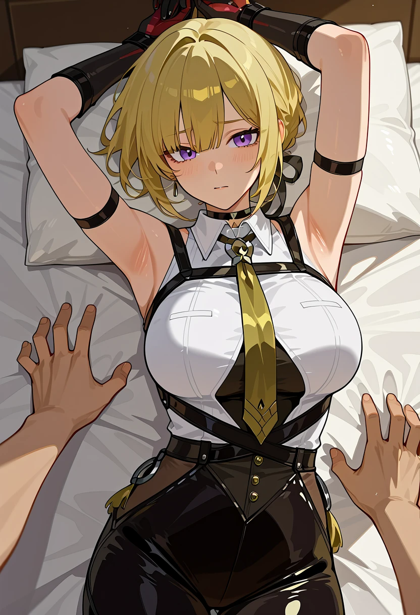 The woman is pushed down on a large bed and naked men put their dicks into her pussy and ejaculate a lot, rape her, groping her all over, gang-raping her, and a lot of semen overflows from her pussy.、((Highest quality)), ((masterpiece)), (detailed), (Perfect Face)、The woman is a thief with green eyes and medium-long blonde hair. She is wearing a luxurious black skirt-type suit with gold embroidery and trim, a luxurious and elegant white blouse with frills, jeweled earrings, and an engagement ring.