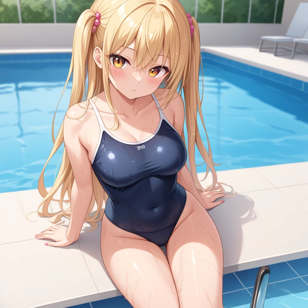 pieces fly、masterpiece、highest quality、Super detailed、High resolution、High resolution、8K portrait、Unity 8k壁紙のHigh resolutionCG、unity 8k wallpaper、cute type little:1.5、upon:1.5、Highly detailed CG unity 8k wallpaper、realistic、real person、cute type little、 portrait photography、shiny skin、High resolution、(16 years old:1.2)、(1 girl)、beautiful clear eyes、very detailed explanation、delicate face、nice lips、slender body、Same with big breasts thin waist、thin legs、(Poolside:1.6)、1 girl, cute type, perfect face, seriously, (blush:1.5),(golden hair ponytail:1.2),((there are many people nearby:1.4)),Same with big breasts,((navy blue school swimsuit:1.2)),(((tits topless:1.5))),(((I have nipples))), Detailed description vagina,show vagina,spread legs,spread ,((Orgasm in the vagina:1.5))