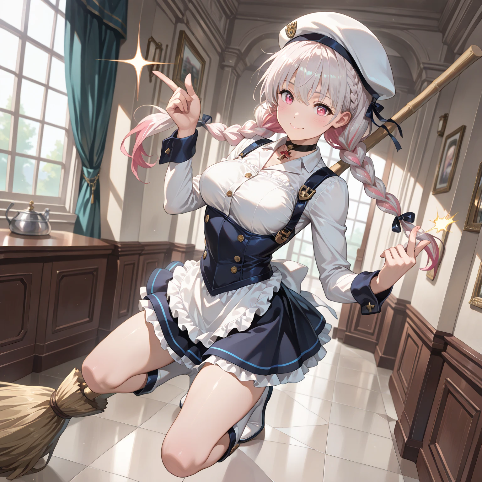 ((masterpiece, top quality, Super Detailed, high resolution, beautiful detailed face, beautifully detailed eyes, perfect hands)), (Female 1, solo), smooth skin, colette,   pink eyes,multi-colored hair, silver hair, pink hair with long n sleeves,  twintails,hat,hair ribbon, , braid, black choker, White Shirt, collared shirt,  black skirt, micro skirt,medium_breasts,Frilled Apron ,Stand invincible, Stretched legs,((Snapping fingers)), (a dignified expression, strong, Smile Yan), Multiple brooms fly through the air,The broom cleans automatically,Beautiful sparkling flooring, Luxury Mansion,in a beautiful, well-organized room, Daytime, good anatomy,nsfw), (full body),nsfw,