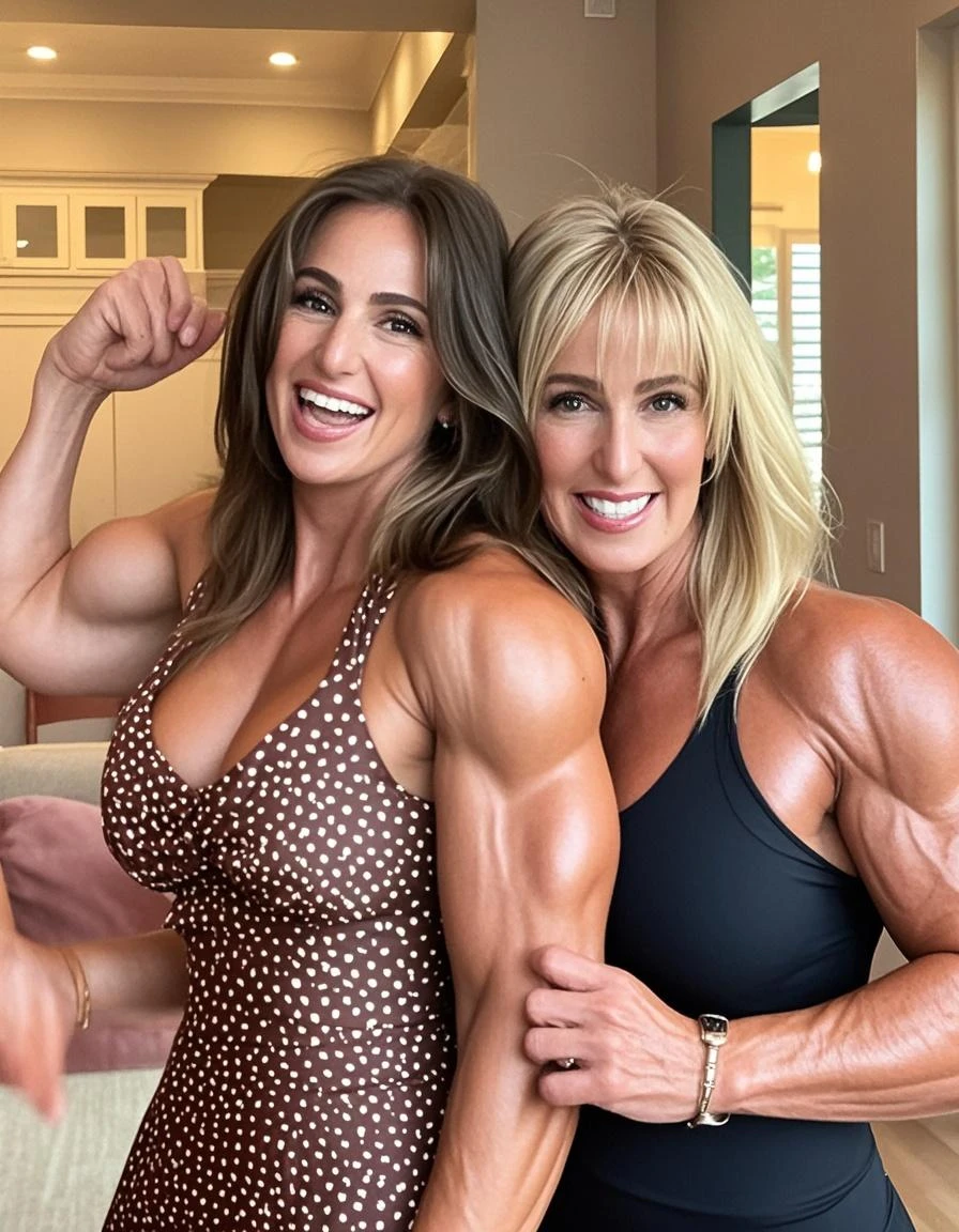 (Muscular:2.2), (thick thighs:2.1), 
female, (two muscular blonde girls holding hands and smiling for the camera:1.5), blue eyes, blunt bangs, long hair, (big smile:1.7), hard nipples, beauty mark, (small breasts:1.7),
eyeshadow, lipstick, choker, (night gown, midriff, bracelet:1.7),
looking at viewer, (upper body view:1.2),
dark bedroom, rim lighting, detailed skin, detailed eyes