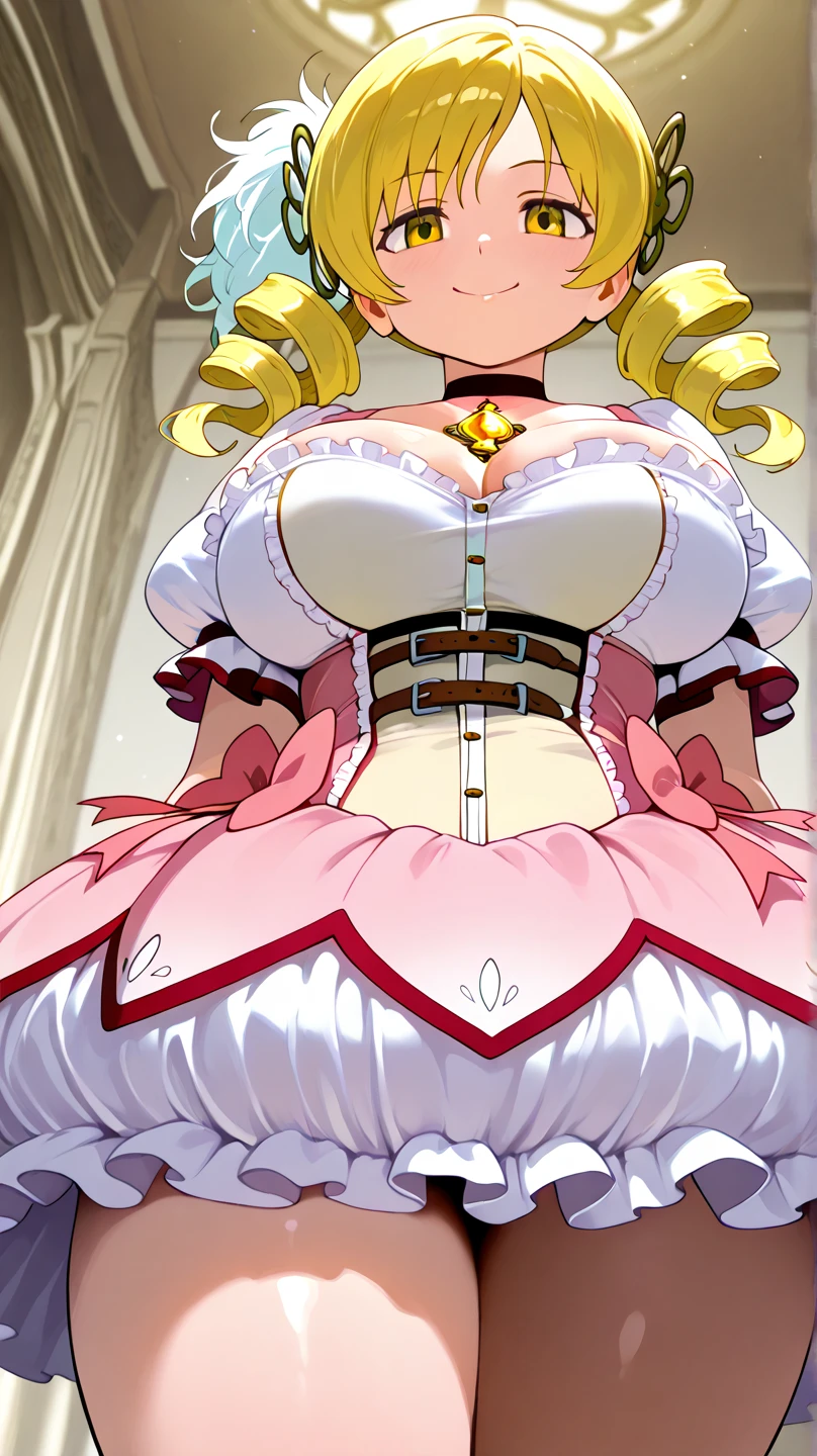 (masterpiece, best quality), 1girl, <lora:Beelzebub_jou:0.8> beelzebubjou, very long hair, hair flaps, large breasts, blonde hair, pink dress, frilled dress, epaulettes, cleavage cutout, puffy short sleeves, wrist cuffs, white thighhighs
