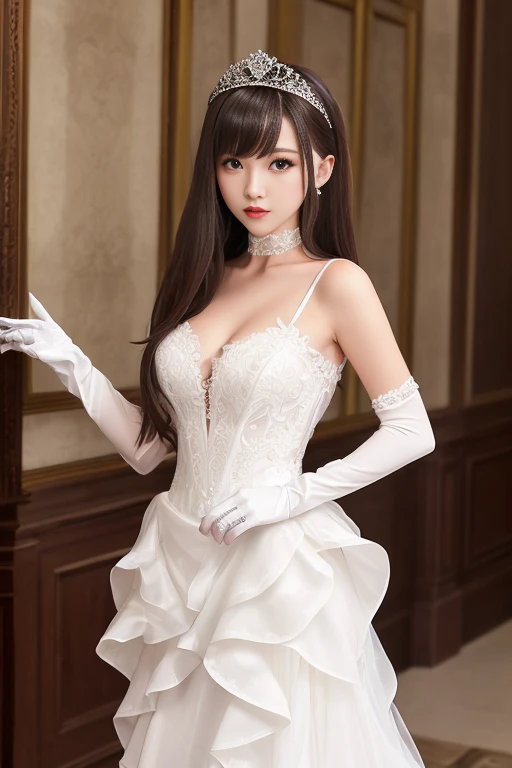 (1girl:1.3), cinematic light, solo, breasts, Lace-Up Bodice Dress, open breast, white innner, silky long hair, (brown) hair, (masterpiece, top quality, best quality, official art, beautiful and aesthetic:1.3), extreme detailed,highest detailed,(ultra-detailed),((an extremely delicate and beautiful)),starry sky,from below