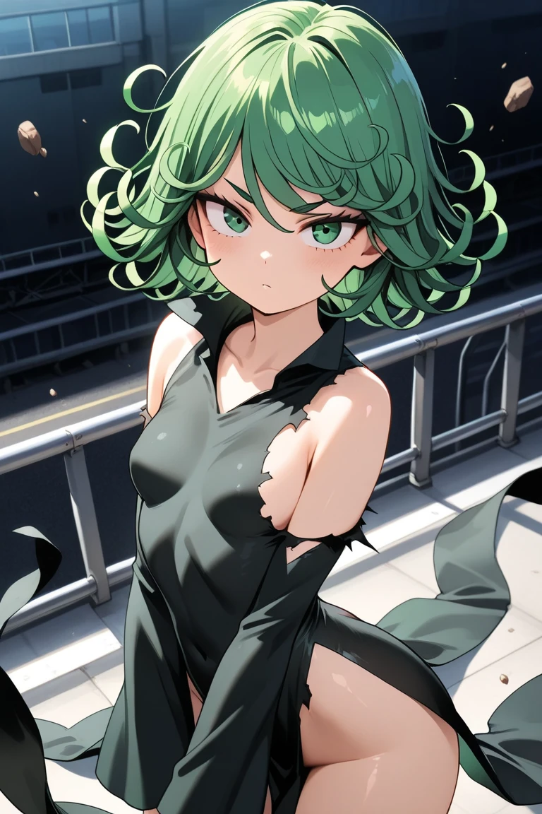 Natural Volumetric Lighting And Best Shadows, Deep Depth Of Field, Sharp Focus,1girl, solo, Terrible_Tornado,looking_at_viewer, blush, short_hair, bangs, green_hair, green_eyes,detailed eyes, collarbone, thighs, small_breasts, outdoors, parted_lips, green_hair, float, cloud, dark green dress, cloudy_sky, pelvic_curtain, side_slit, curly_hair, flipped_hair,<lora:TORNADO:1.2>