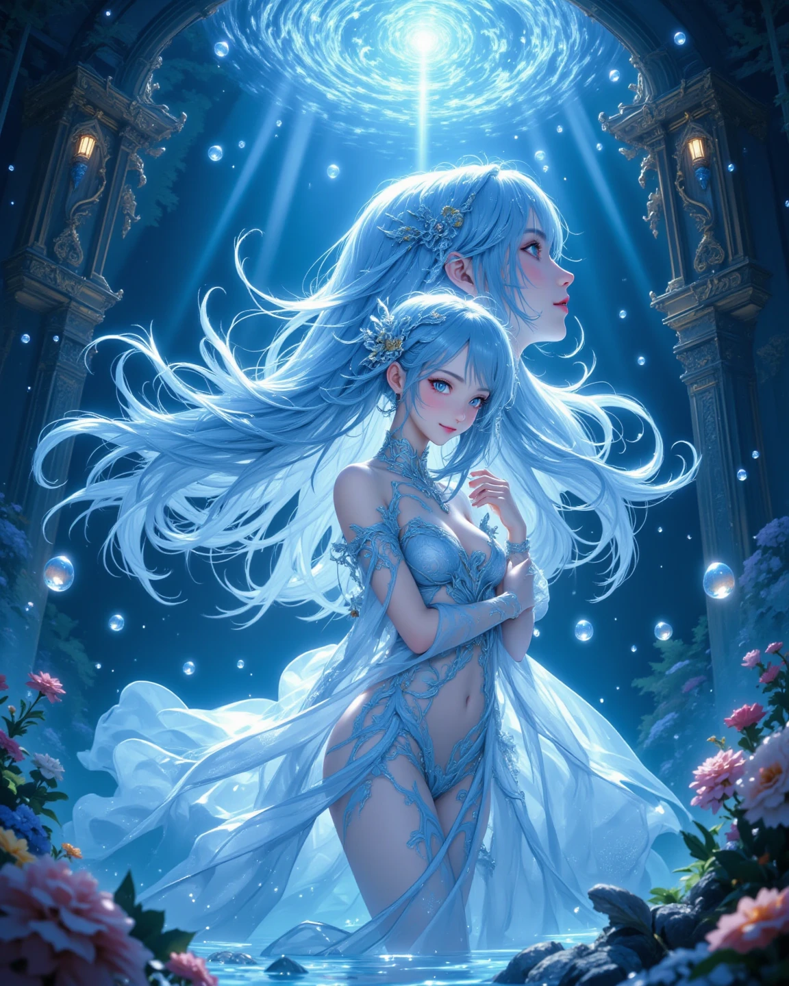 Dream concept, fairy tail, beautiful conceptual fairy, beautiful face, godess, a multicolor cloudy background, rainbow, magical stick, dreamy face, fairy tail, full body, landscape picture conceptual beautiful cartoonic face, full dress,