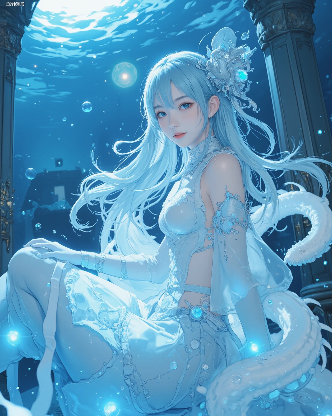 (Masterpiece, Top Quality, Best Quality, Official Art, Beauty and Aesthetics: 1.2), (Full Body, Medium) Mermaid, Dreamy, Ethereal, Romantic, White Hair, Silver Hair, Underwater, Air Bubbles, Vivid and Beautiful Lighting --v 6