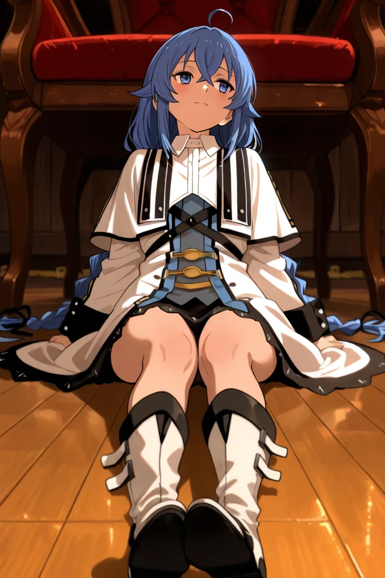((table top、highest quality、High resolution、perfect pixel、8K))、(1girl)、solo、beautiful anime girl、beautiful art style、Roxy_Migurdia(mushoku tensei)、blue eyes、Crimson blue hair、small breasts、(underwear)、(Calm)、(())、(excited)、cheeks are red、looking at the viewer、dynamic angle、(Low - Angle)、(lower body)、((Sexy))、bed in the room at night、Body shiny with oil、((thighs open、spread your legs、Lying、squat、I can see the white pants.、白いunderwearの股布が見えるように描く、Skirt flip))、put your hands behind your back、towards the wall、beautiful thighs、(white pants visible from the skirt)、White panties in full view、(Show off her white panties)、Angle from feet、angle from below、Angle looking up from below、Crotch show off、(lewd girl:1.3)、