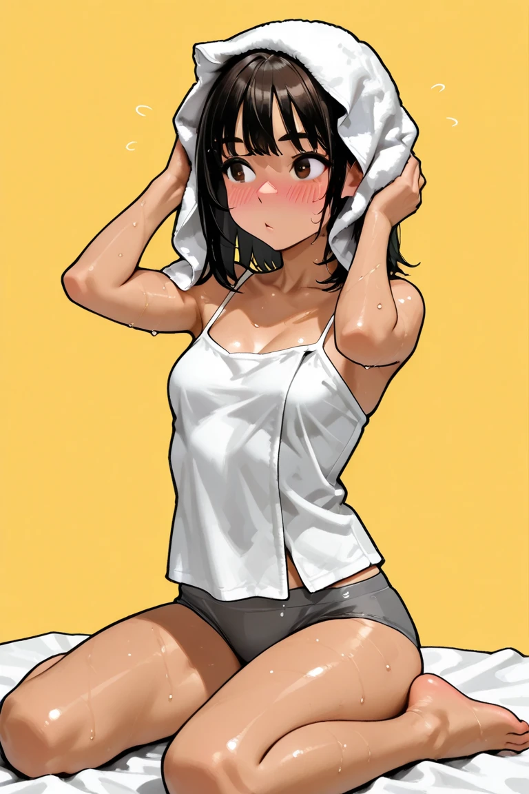 Changing clothes White tank top shoulder visible Japanese room Ryokan On futon Track and field Beautiful girl Short hair Transparent white skin Brown hair Small breasts Beautiful legs Navel exposed Resistant expression Lie on back Composition viewed from directly above Realistic