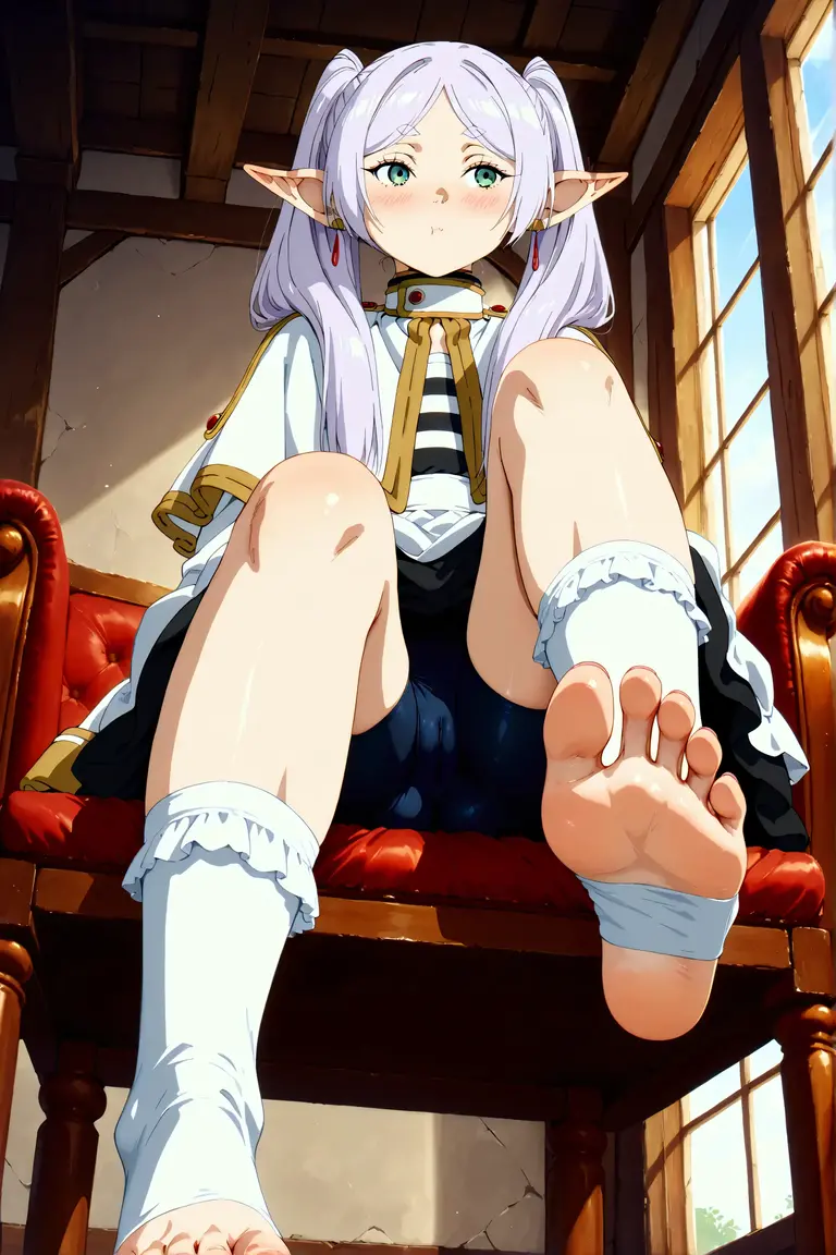 (masterpiece:1.2), hyper detail, best quality, (intricate_details:1.1), beautiful detailed, beautiful hair, solo, 1girl,(frieren, pointy ears, elf, earrings, twintails, parted bangs, grey hair, thick eyebrows),sweating,heavy breathing,steam,blush,open mouth,young girl,from below,looking down,flipped hair,sitting,thigh,legs focus,feet,five toes,one feet have five toes,((2feet)),bare feet,feet focus,greasy feet,smooth feet