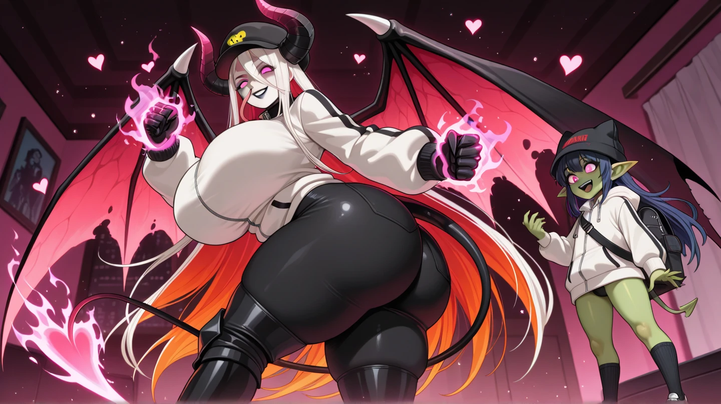 Disney Pixar cartoon style tattoo, demon girl , pale skin, sucking ice cream, medium breasts, long hair to the shoulders, straight bangs, black horns and red demon tail, black bat wings, crawling, thong panties, sarcastic look, cropped white top, cartoon image, image white background with shades of gray,