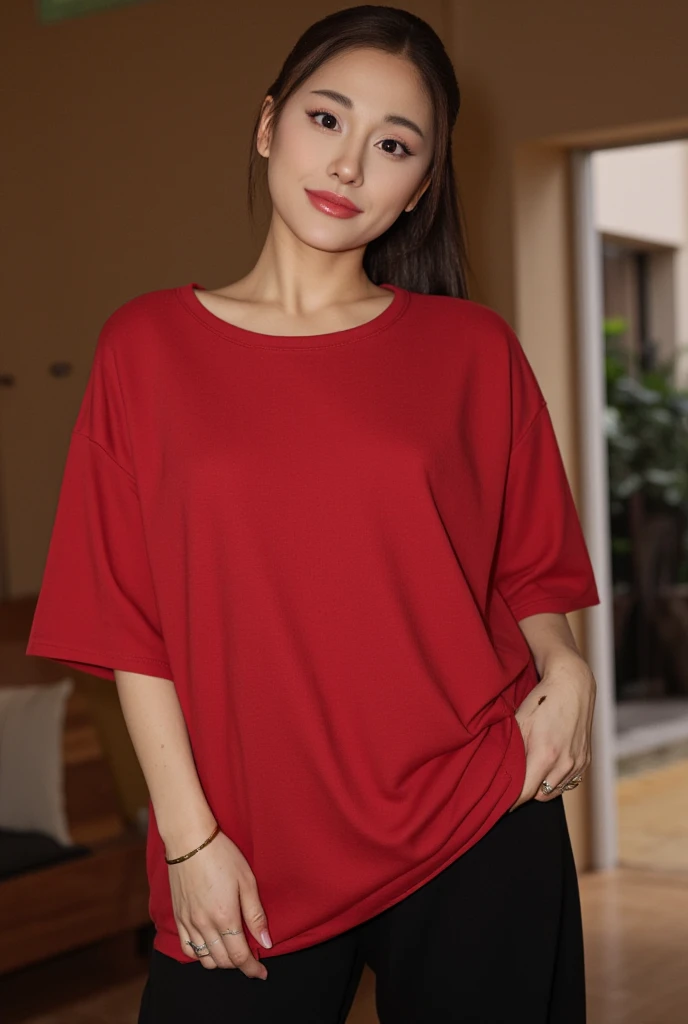 make GISELLE AESPA wearing a red shirt and black skirt
