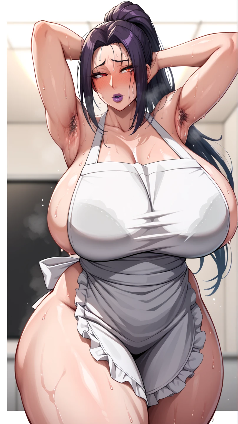 Highschool dxd, Akeno Himejima, 1girl, ((bimbo))), purple eyes, puffy lips, painted lips, thick lips, wide hips, thick thighs, huge natural breast, huge ass, erotic smile face, shiny skin, kitchen maid, enormous natural breasts, bending over, fishnet,