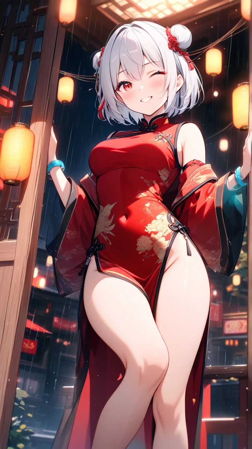 Cat ear：2.0、((masterpiece)),((Highest quality)),(Super detailed),(figure),((Very delicate and beautiful)), 1girl、((smile、Sparkling Blue Eyes、Cat ear：2.0、Silver Bob Hair：2.5))､I can see your toned stomach、Chinese style short sleeve，Don't go up and down、Chinese style shorts、Alluring expression，An inviting body、Hot flashes、Small breasts，Sidetiletto heels、Festivals、firework